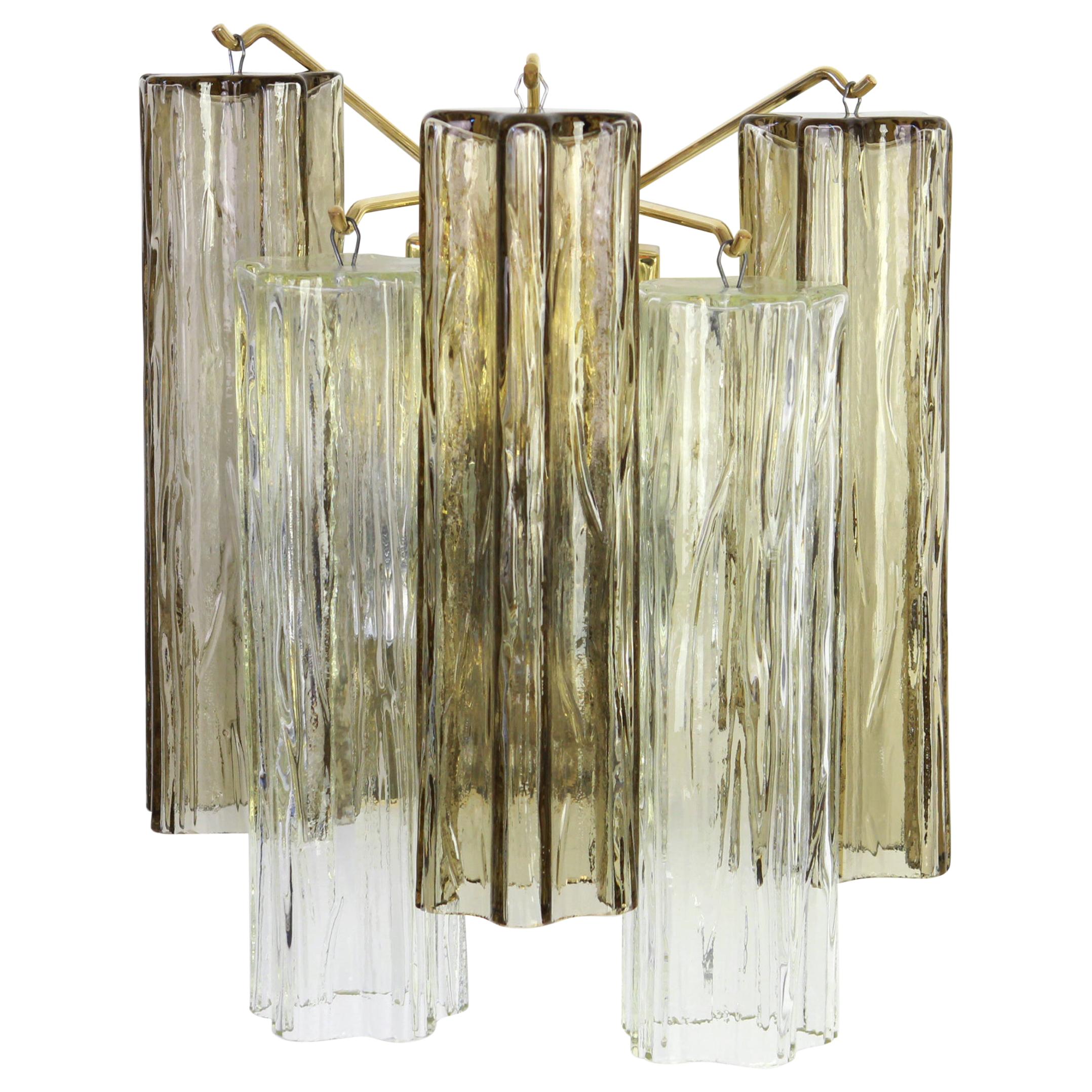 Wonderful pair of midcentury wall sconces with three large Murano glass pieces on a brass frame in each wall lamp, designed by Venini and made by Kalmar, Austria, manufactured, circa 1960-1969.
Each sconce needs two x E27 standard bulbs and they