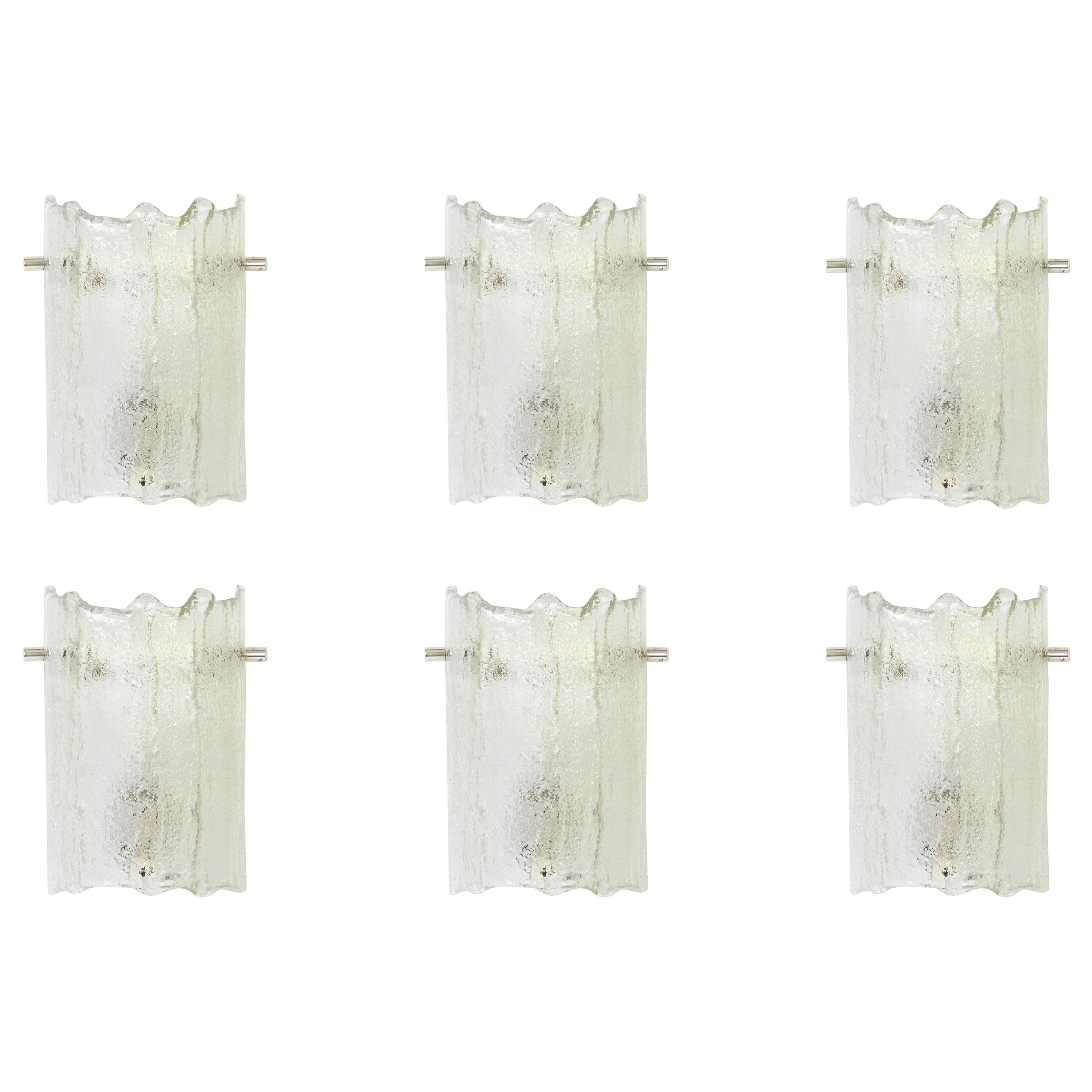 1 of 4 Pairs of Murano Ice Glass Vanity Sconces by Kaiser, Germany, 1970s For Sale