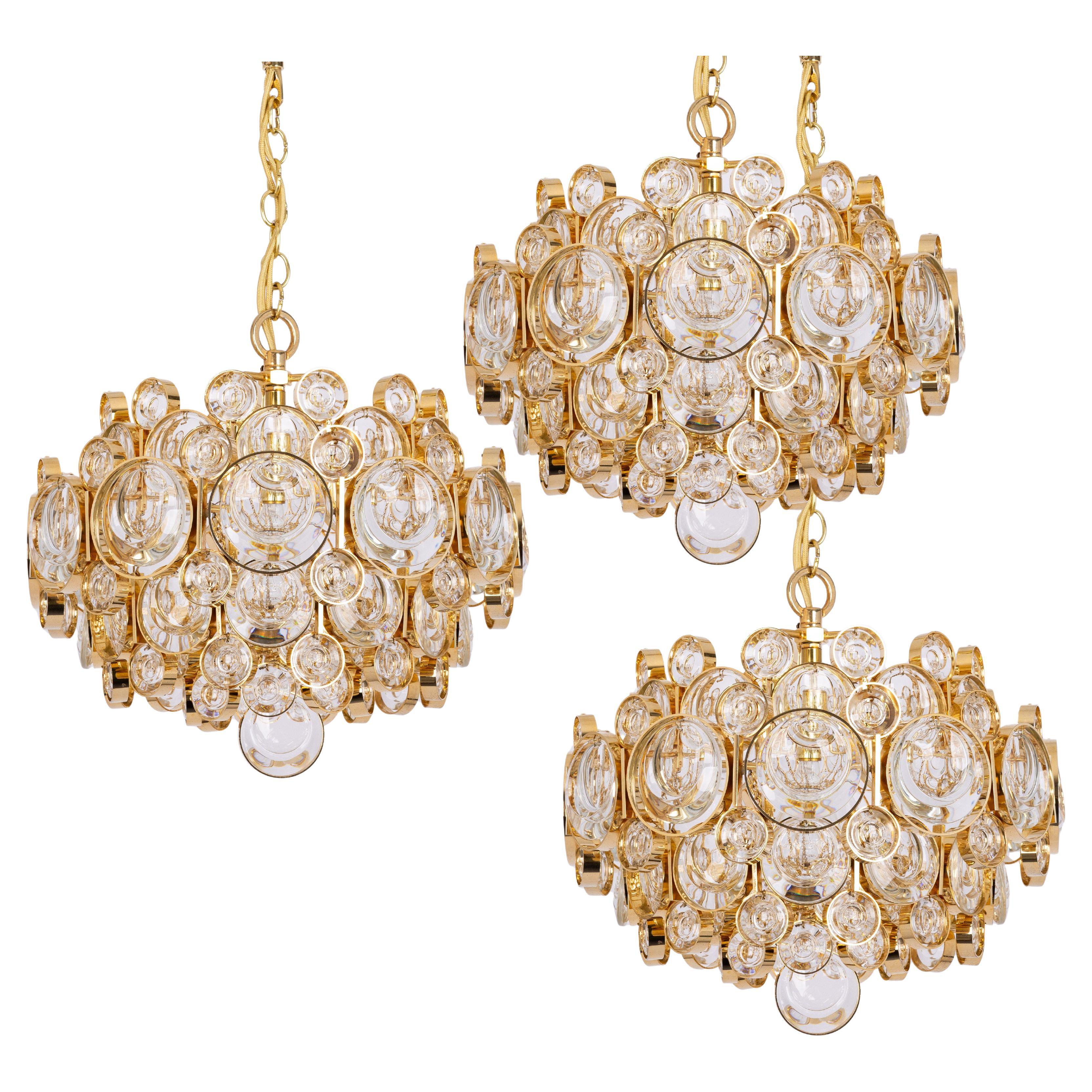 1 of 3 Petite Gilt Brass Chandelier, Sciolari Style by Palwa, Germany, 1970s For Sale