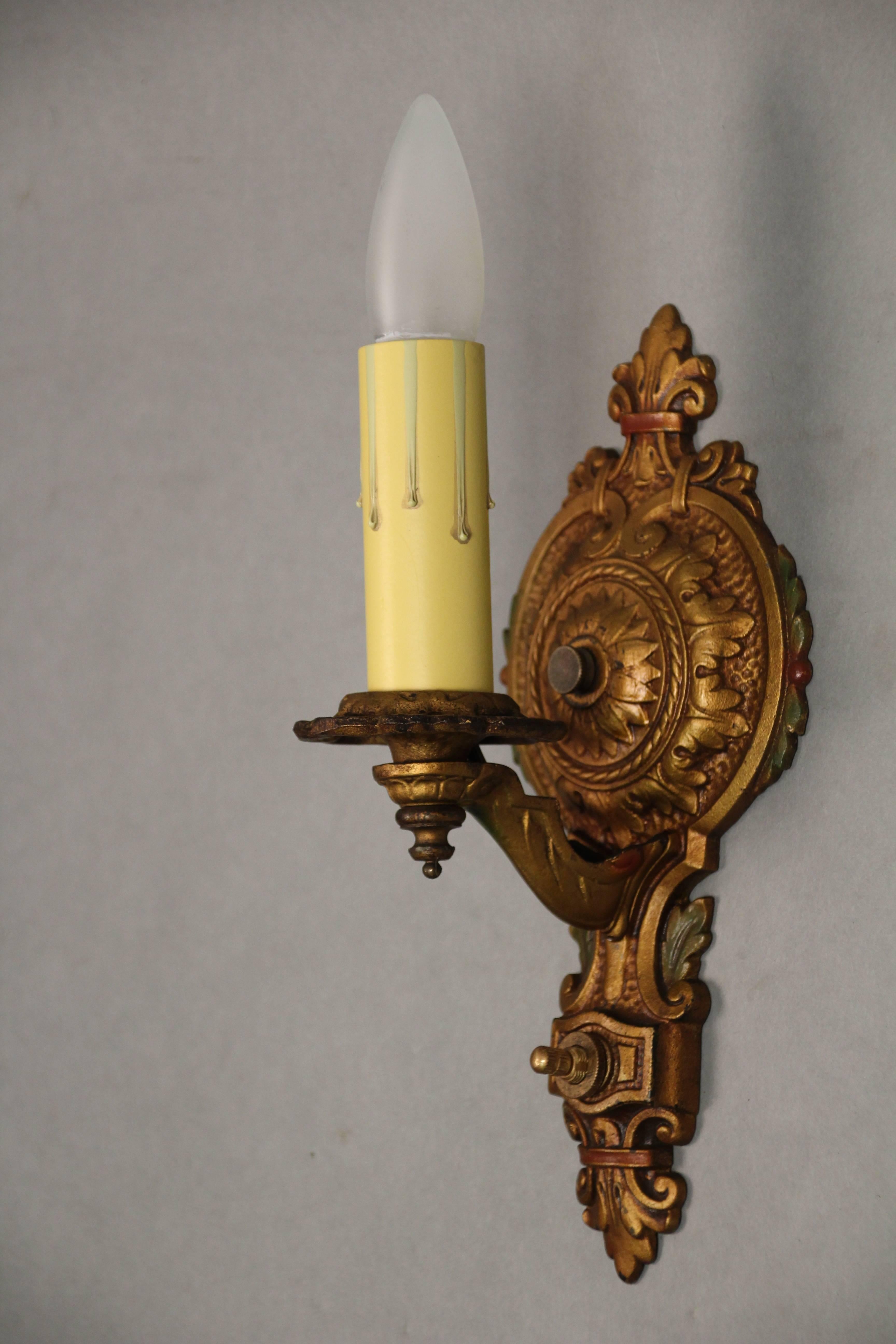 1 of 3 single all original 1920s single sconce with polychrome sconce with beautiful casting.