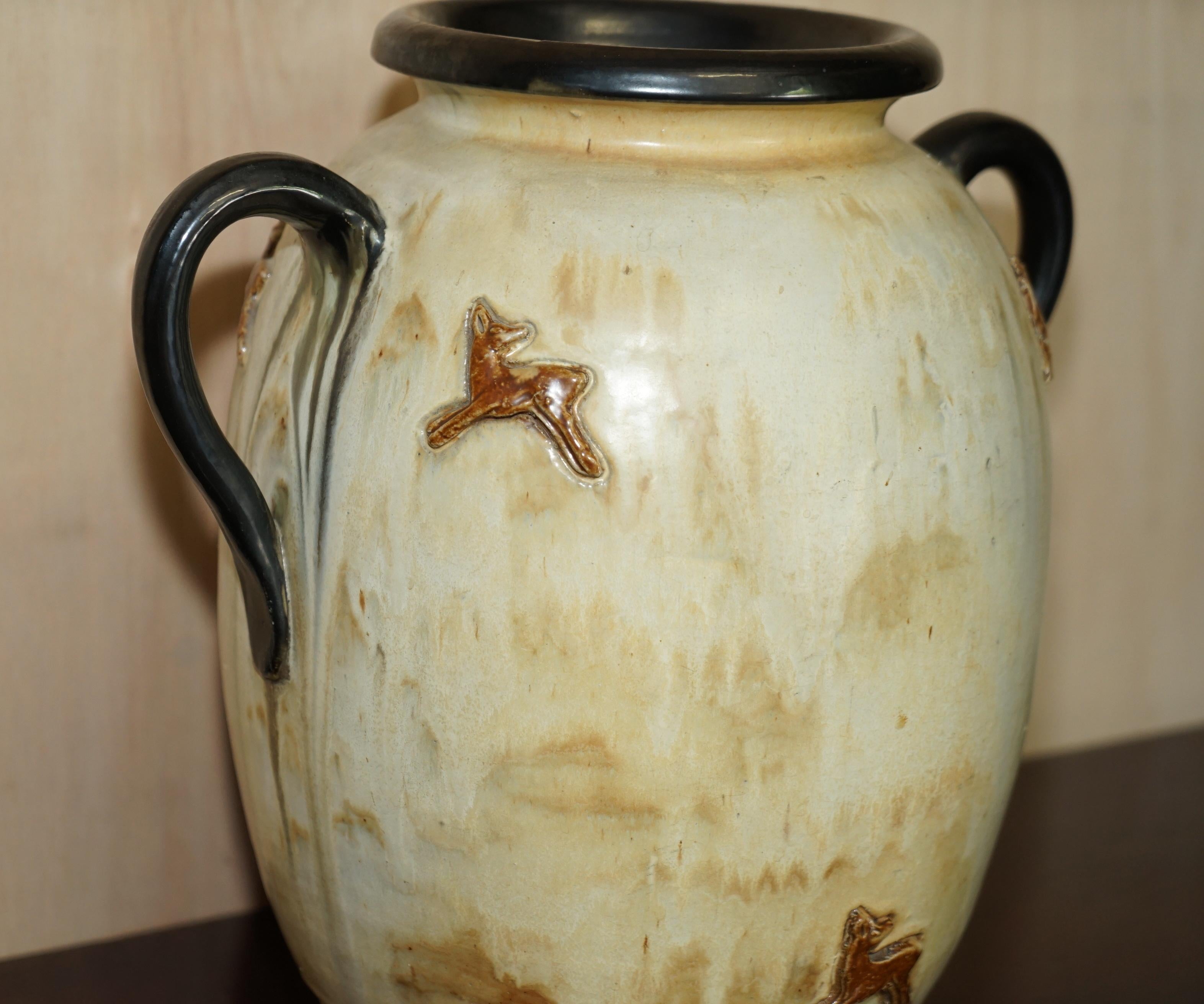 Art Deco 1 of 3 Signed Roger Guerin 1930 Deer Ceramic Stoneware Pottery Handle Vase Pots For Sale