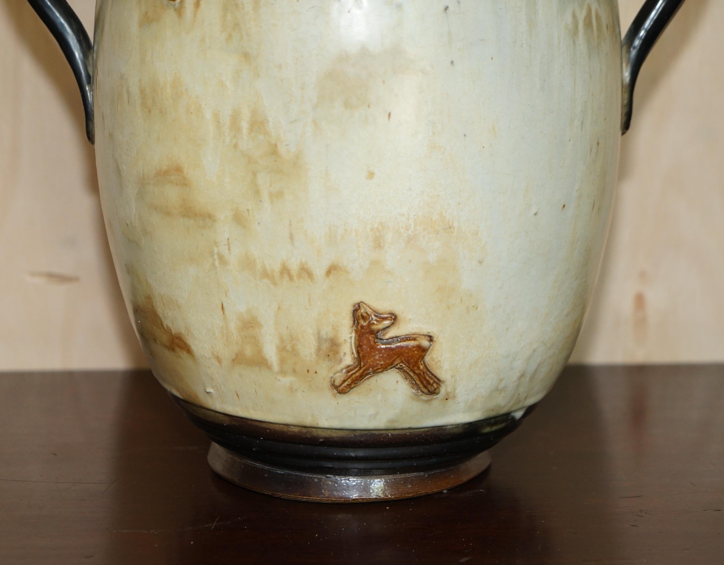 Belgian 1 of 3 Signed Roger Guerin 1930 Deer Ceramic Stoneware Pottery Handle Vase Pots For Sale