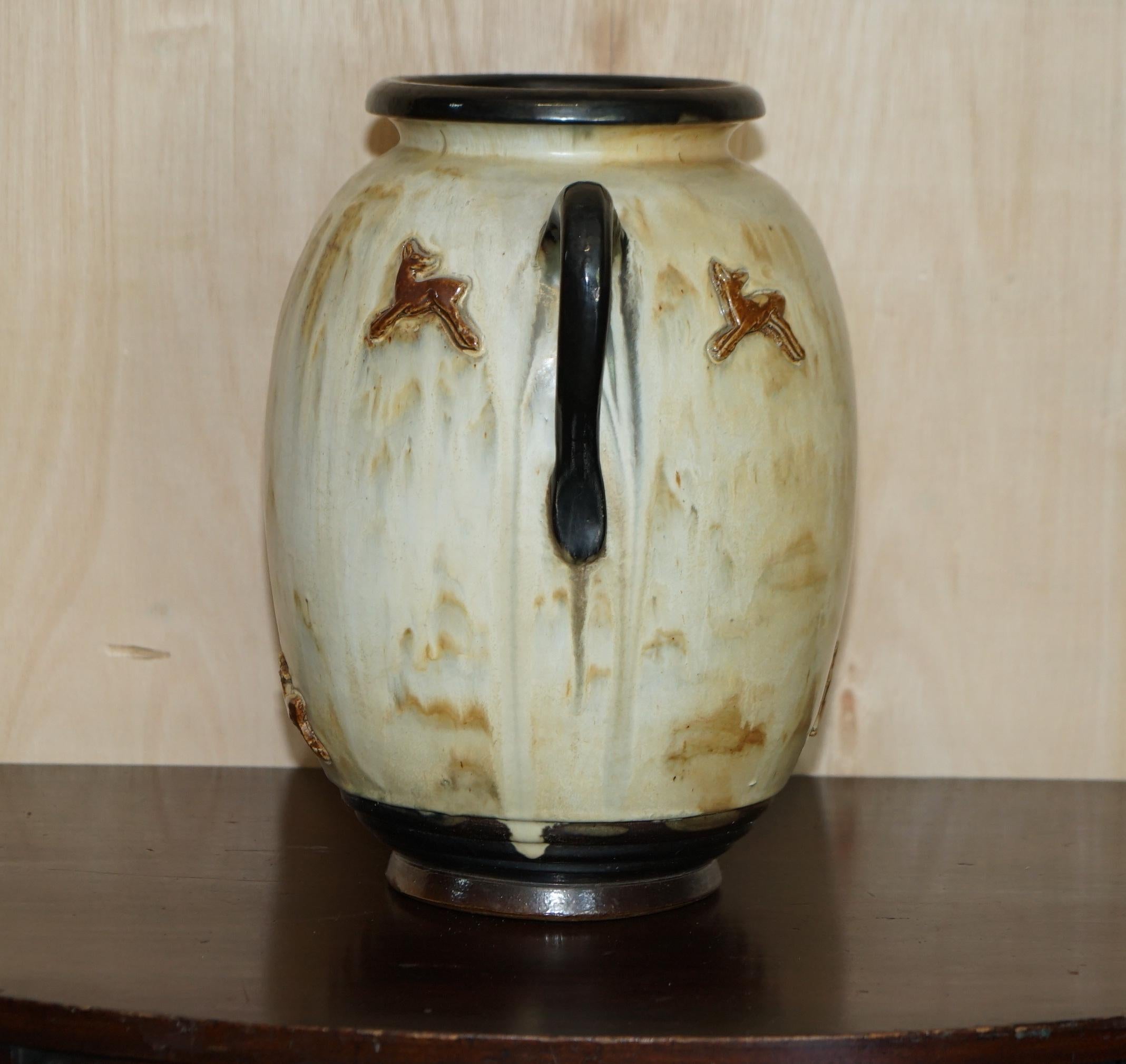 1 of 3 Signed Roger Guerin 1930 Deer Ceramic Stoneware Pottery Handle Vase Pots For Sale 1