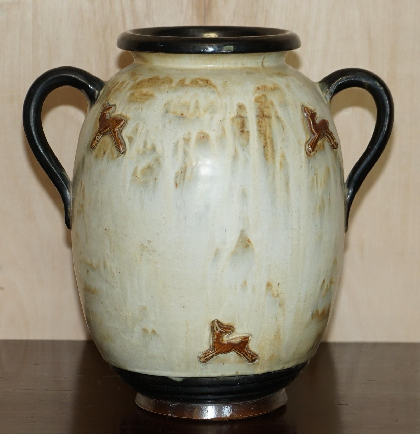 1 of 3 Signed Roger Guerin 1930 Deer Ceramic Stoneware Pottery Handle Vase Pots For Sale 2
