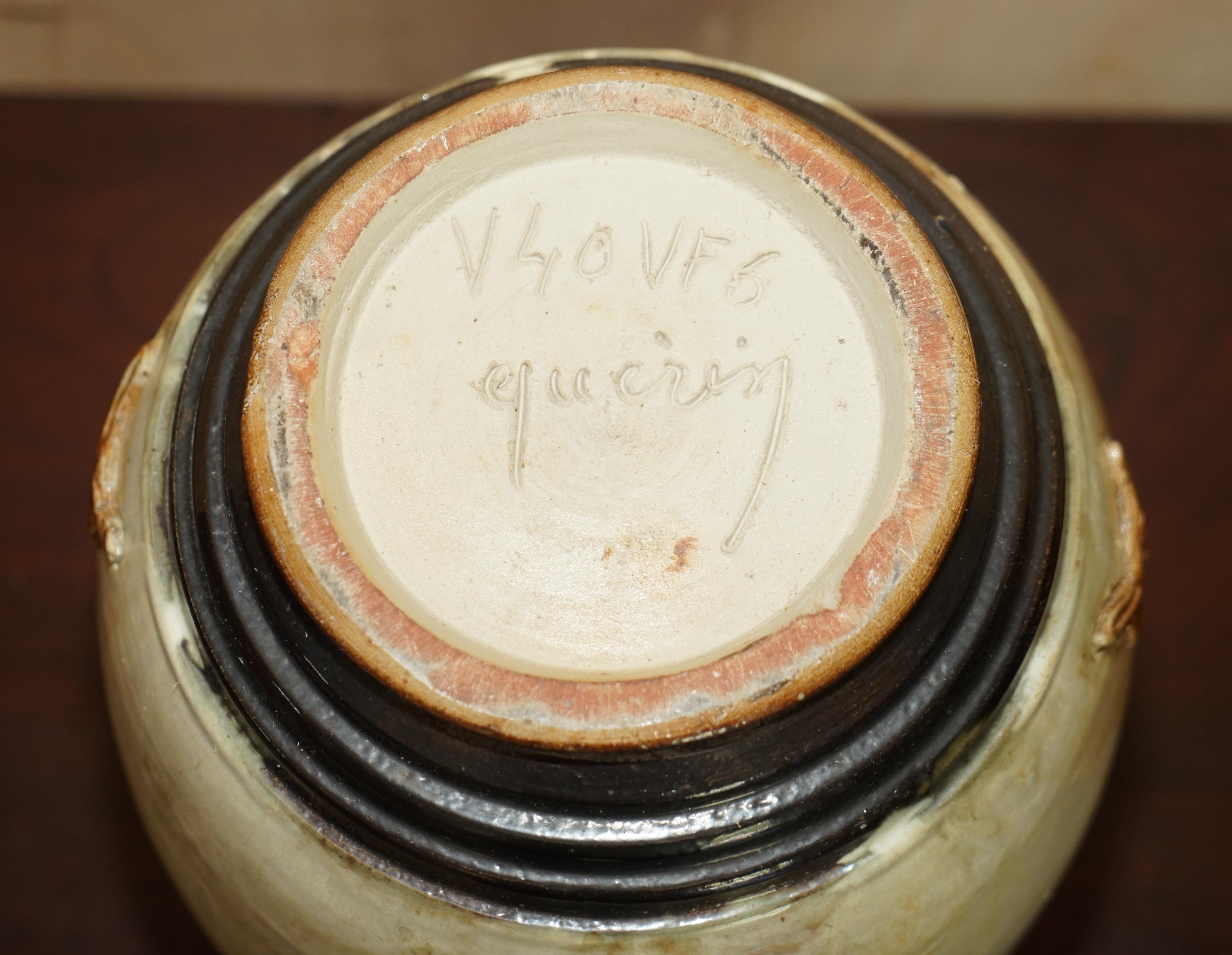 1 of 3 Signed Roger Guerin 1930 Deer Ceramic Stoneware Pottery Handle Vase Pots For Sale 3
