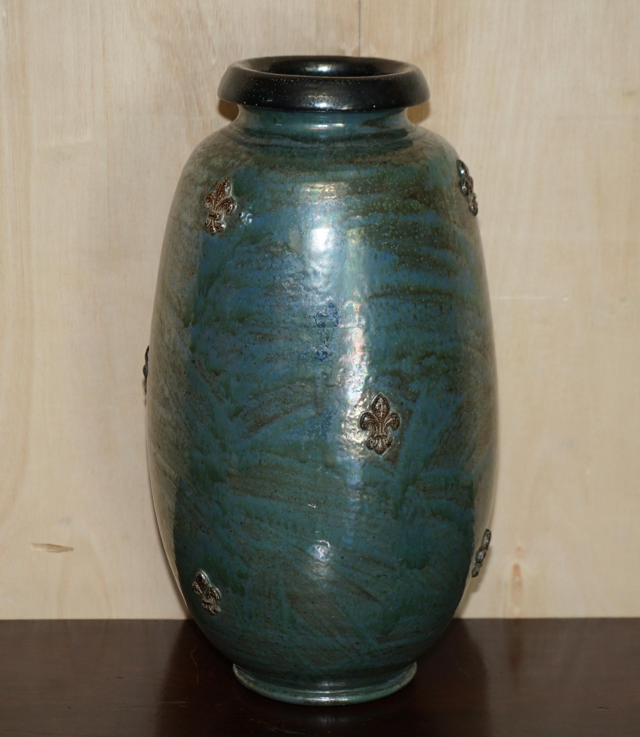 Belgian 1 of 3 Signed Roger Guerin 1930 Fleur De Lis Ceramic Stoneware Pottery Vase Pots For Sale