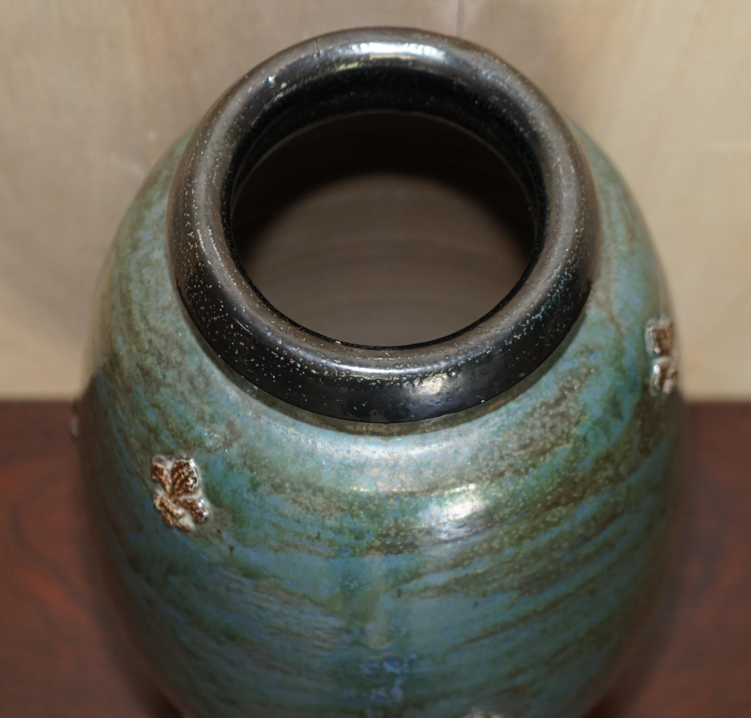 Hand-Crafted 1 of 3 Signed Roger Guerin 1930 Fleur De Lis Ceramic Stoneware Pottery Vase Pots For Sale