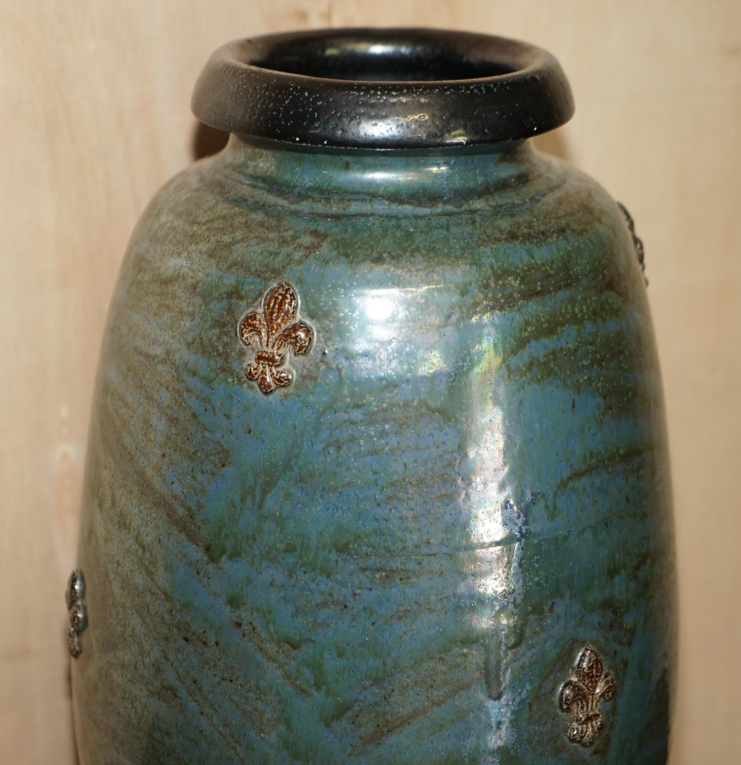 Mid-20th Century 1 of 3 Signed Roger Guerin 1930 Fleur De Lis Ceramic Stoneware Pottery Vase Pots For Sale