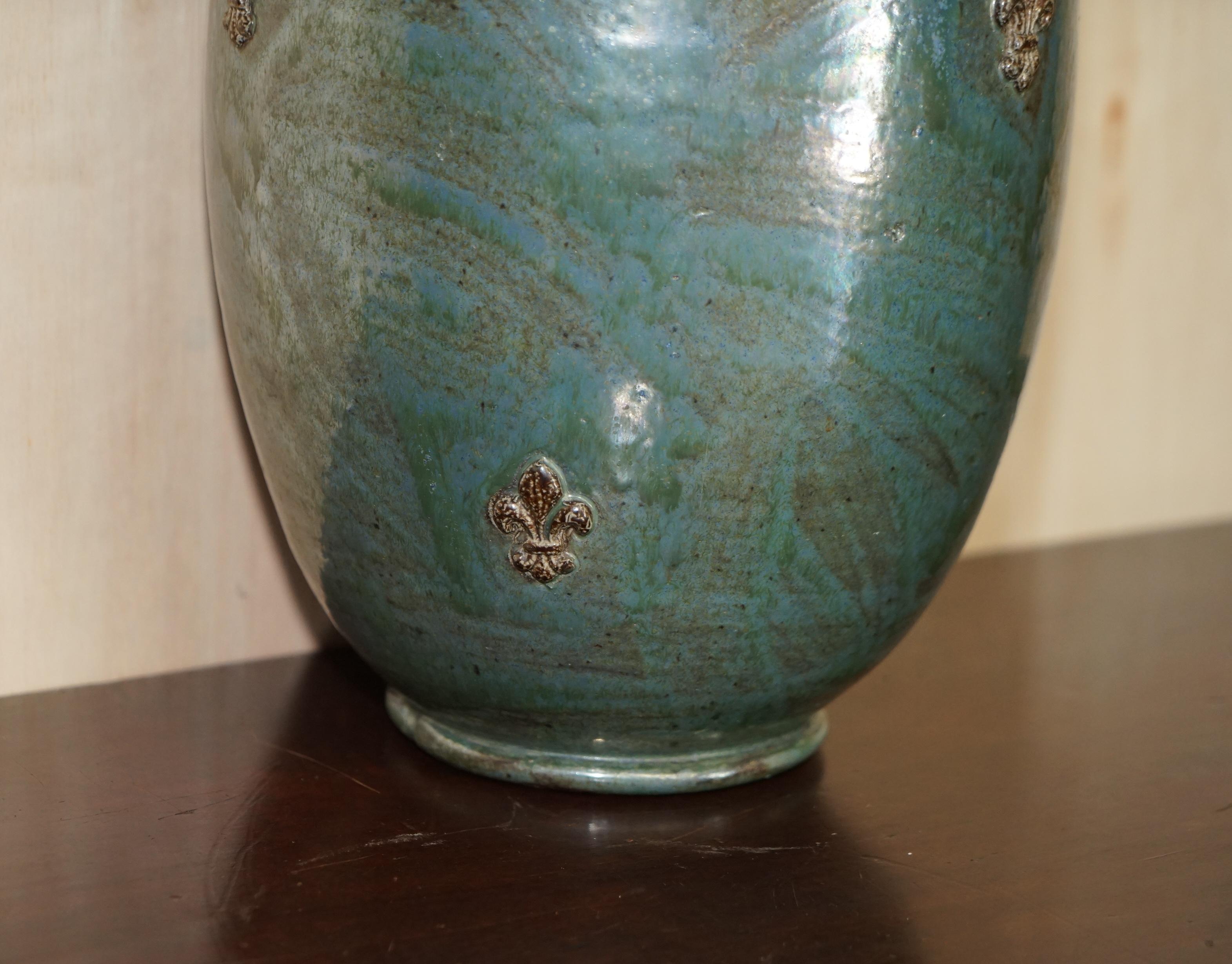1 of 3 Signed Roger Guerin 1930 Fleur De Lis Ceramic Stoneware Pottery Vase Pots For Sale 2