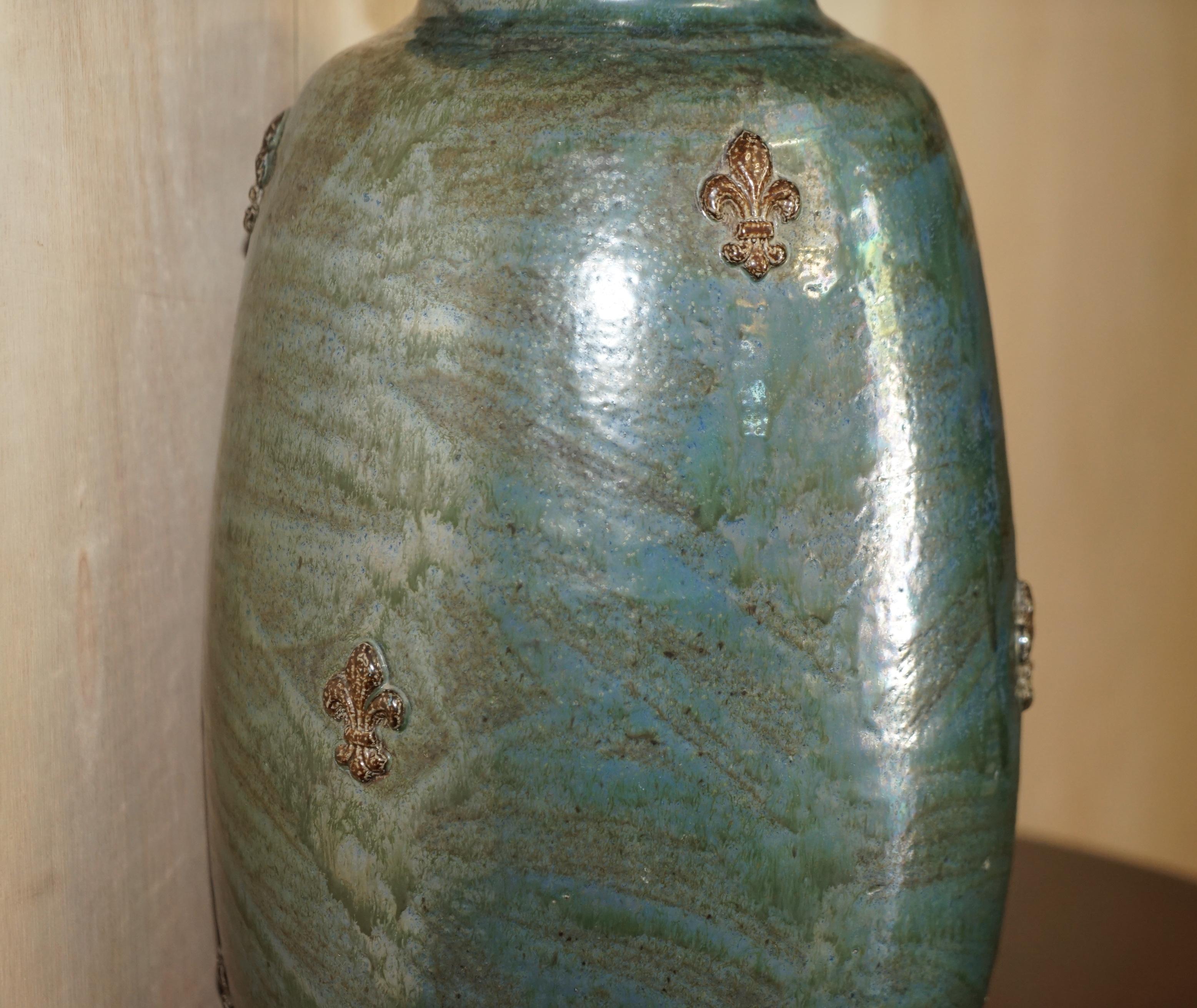 1 of 3 Signed Roger Guerin 1930 Fleur De Lis Ceramic Stoneware Pottery Vase Pots For Sale 3