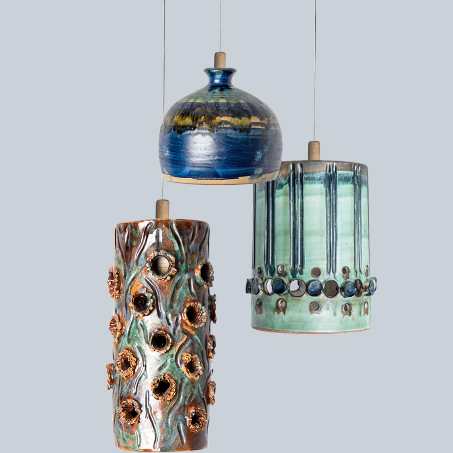 1 of 3 Turquoise Blue Brown Ceramic Pendant Lights, Denmark, 1970 For Sale 4