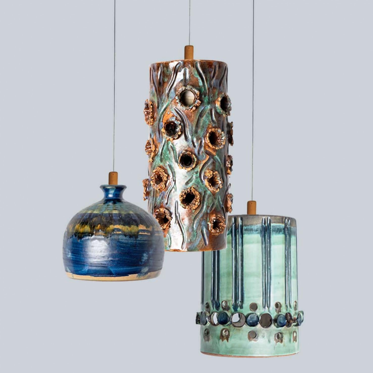 1 of 3 Turquoise Blue Brown Ceramic Pendant Lights, Denmark, 1970 For Sale 5