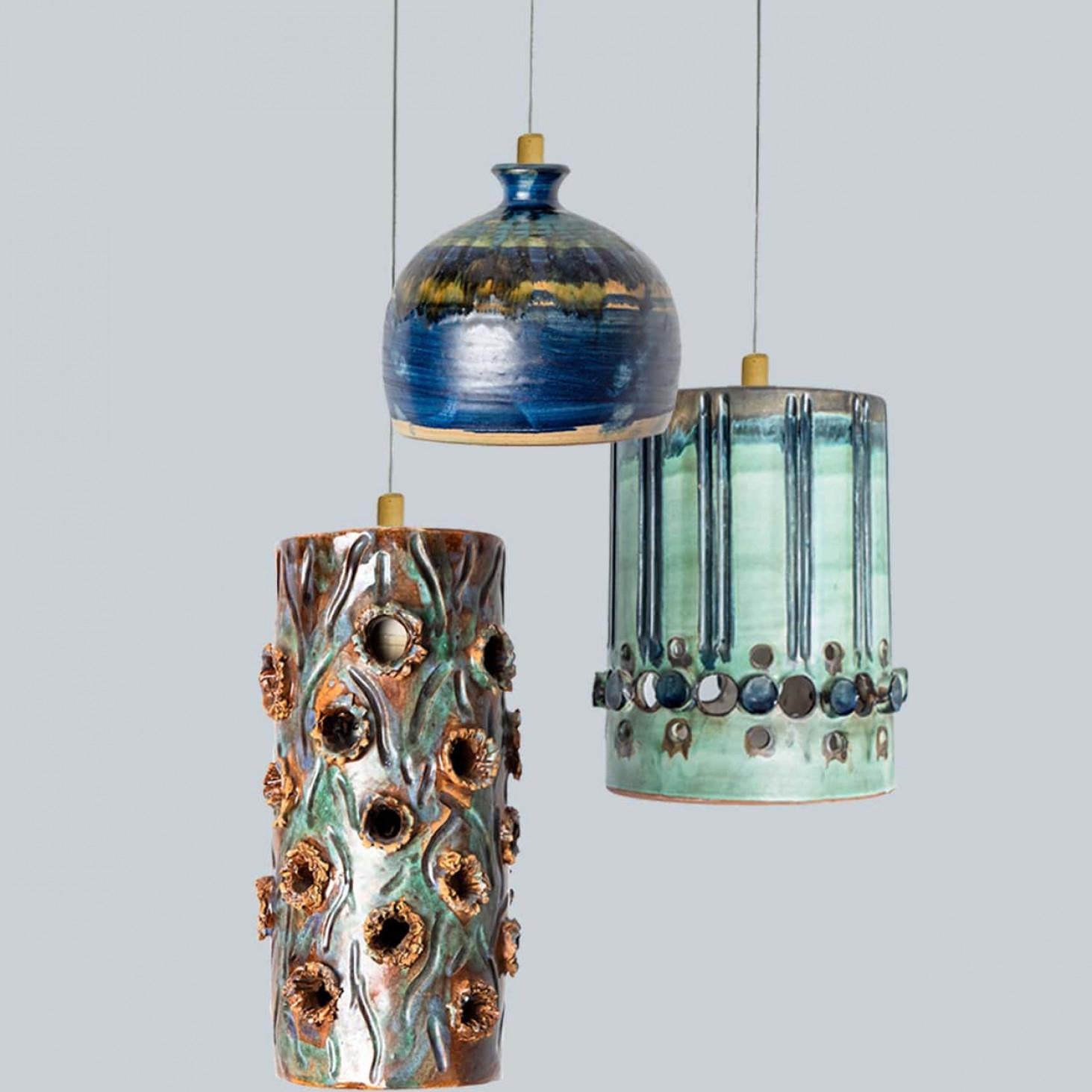 1 of 3 Turquoise Blue Brown Ceramic Pendant Lights, Denmark, 1970 For Sale 7