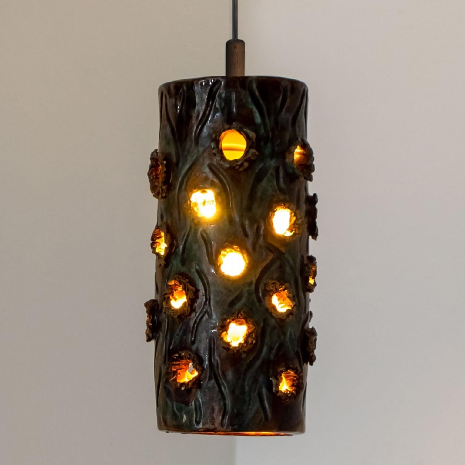 Other 1 of 3 Turquoise Blue Brown Ceramic Pendant Lights, Denmark, 1970 For Sale