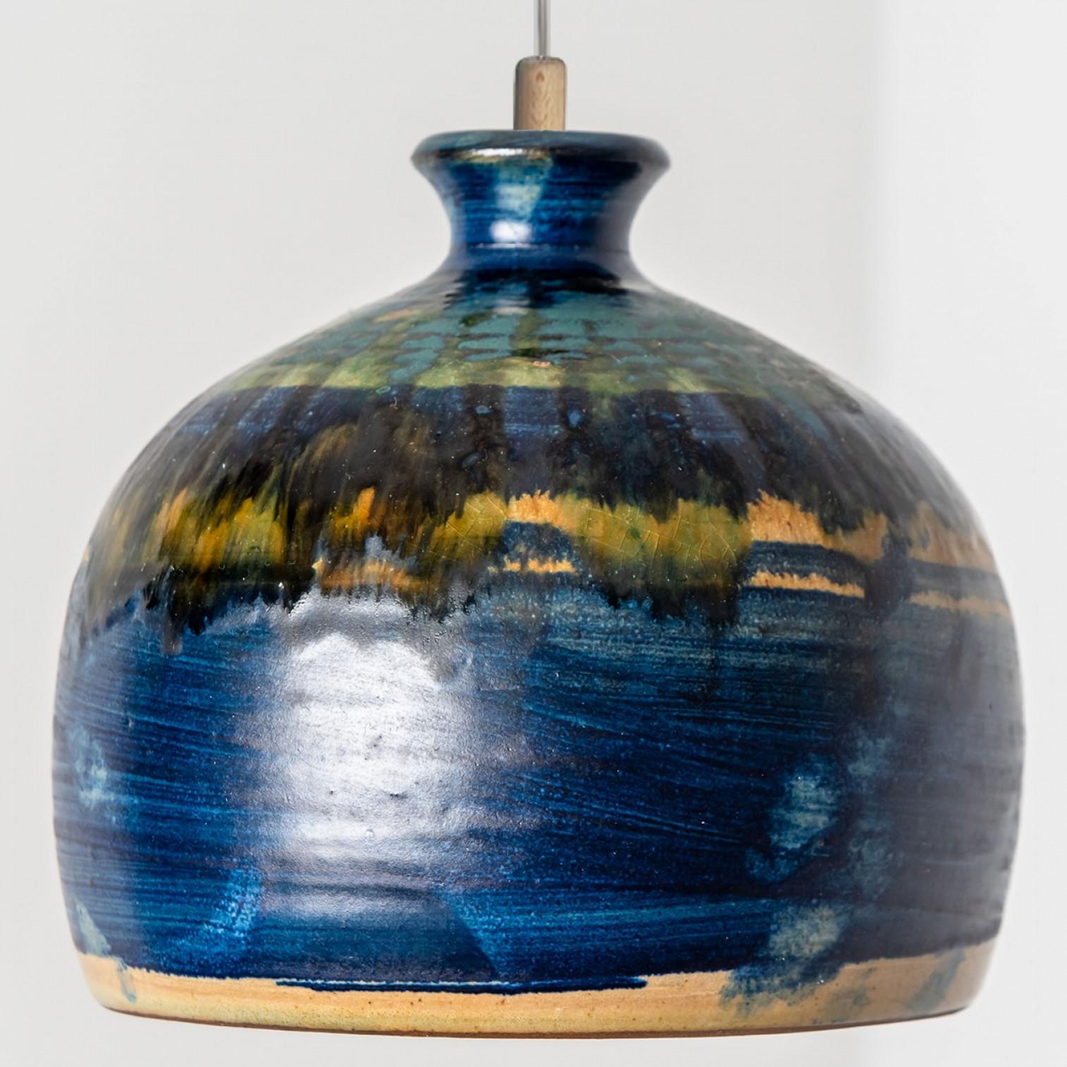 Danish 1 of 3 Turquoise Blue Brown Ceramic Pendant Lights, Denmark, 1970 For Sale