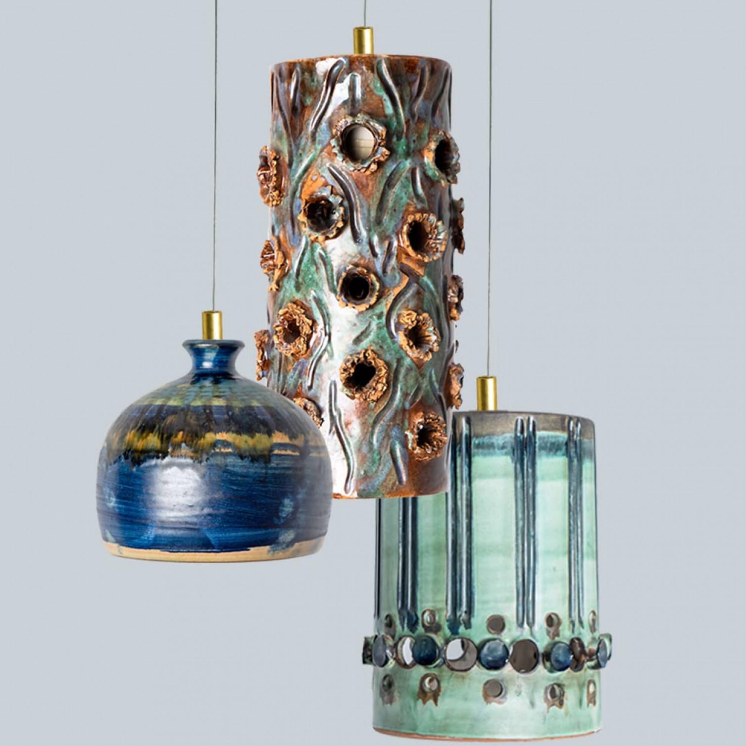 Other 1 of 3 Turquoise Blue Brown Ceramic Pendant Lights, Denmark, 1970 For Sale