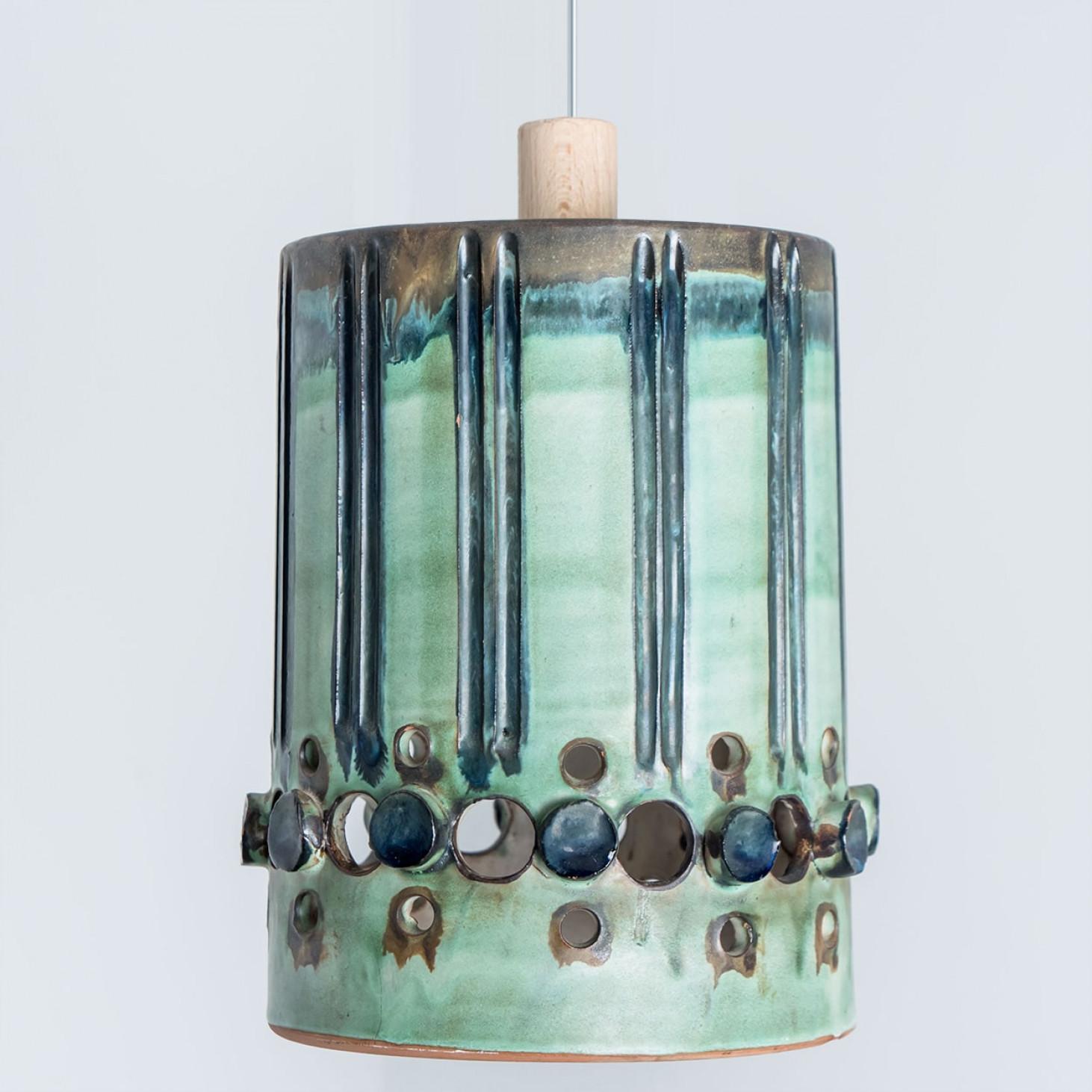 Late 20th Century 1 of 3 Turquoise Blue Brown Ceramic Pendant Lights, Denmark, 1970 For Sale