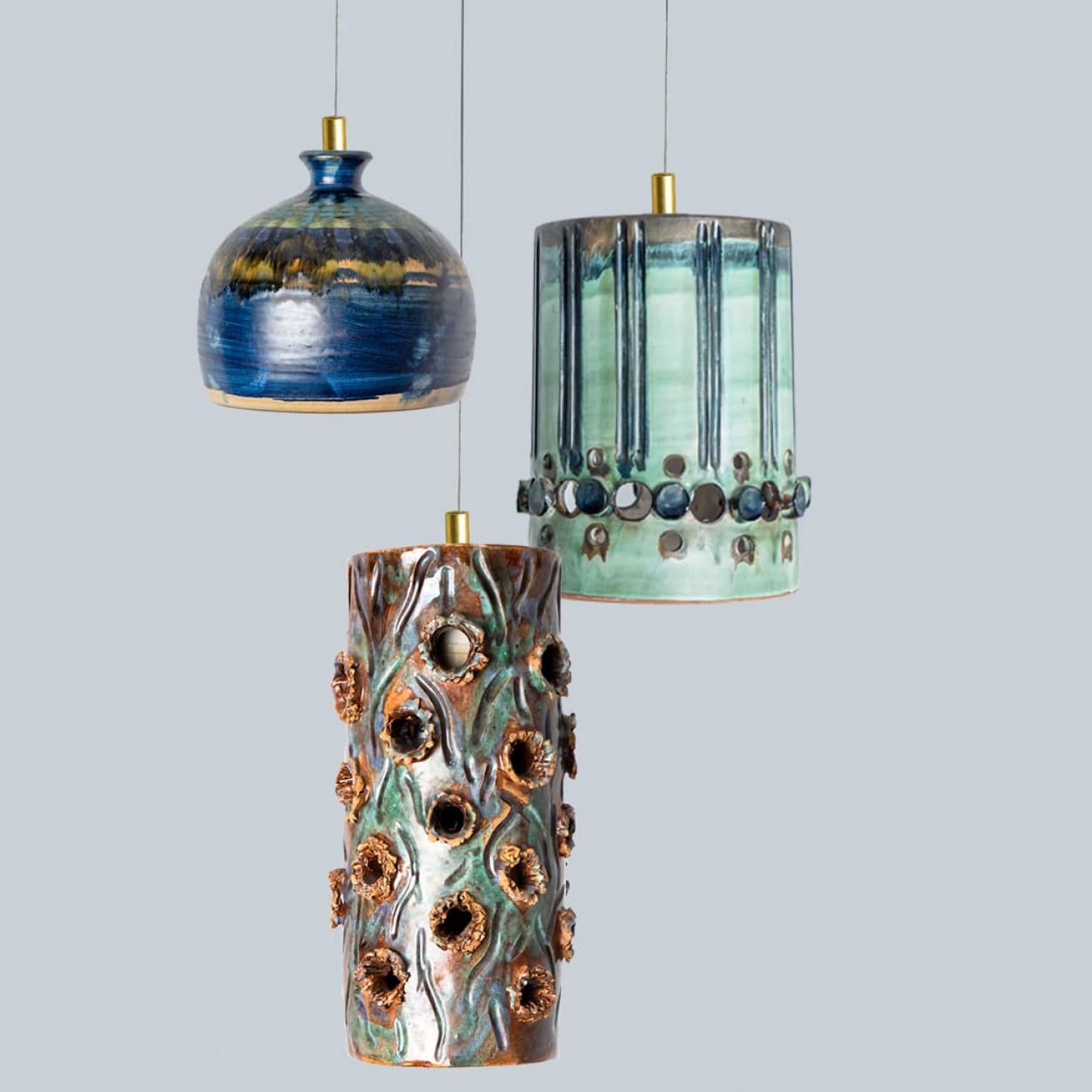 1 of 3 Turquoise Blue Brown Ceramic Pendant Lights, Denmark, 1970 For Sale 2