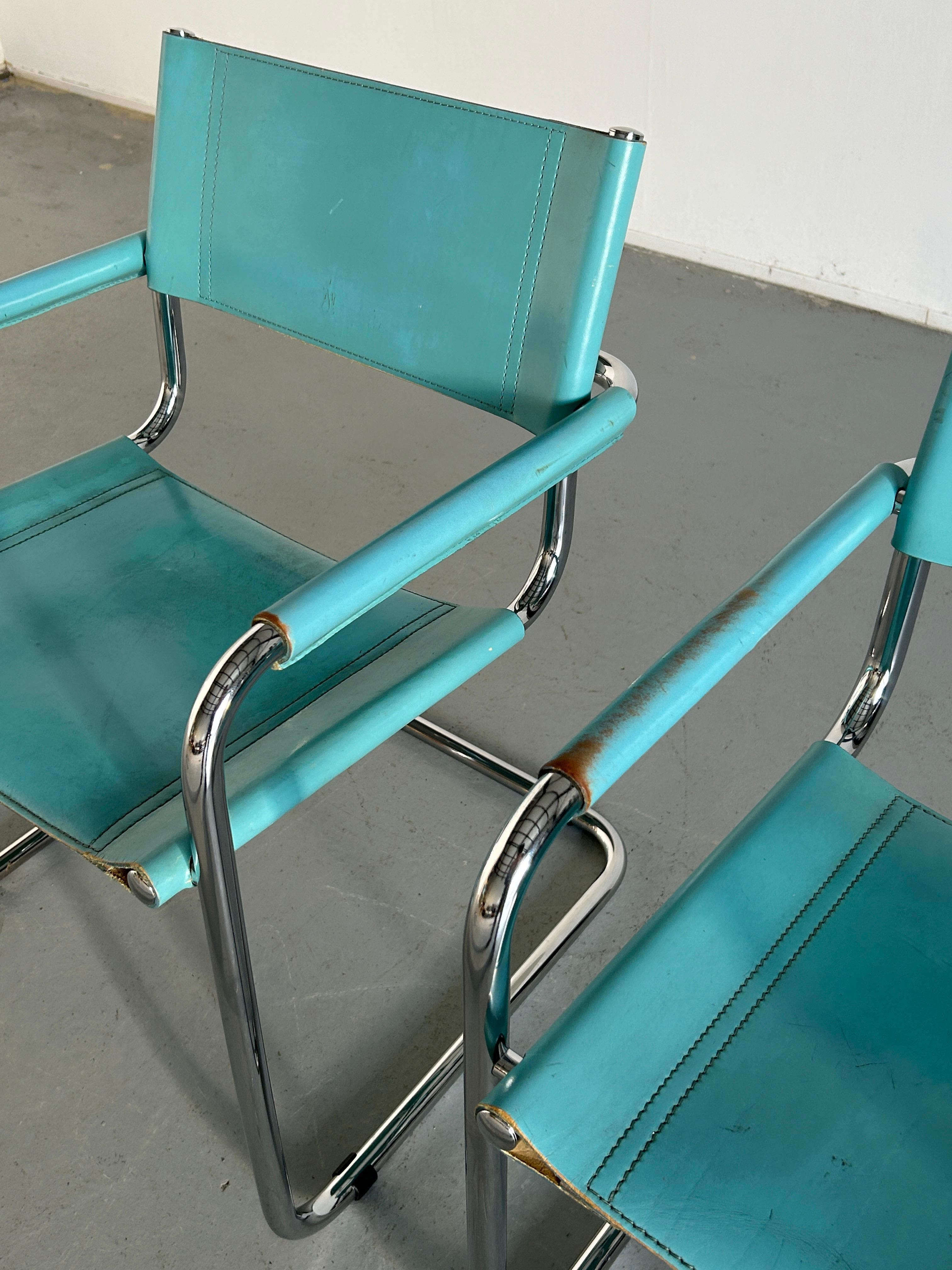 1 of 3 Vintage Mid-Century Iconic Mart Stam S34 Design Teal Blue Armchairs, 80s 9