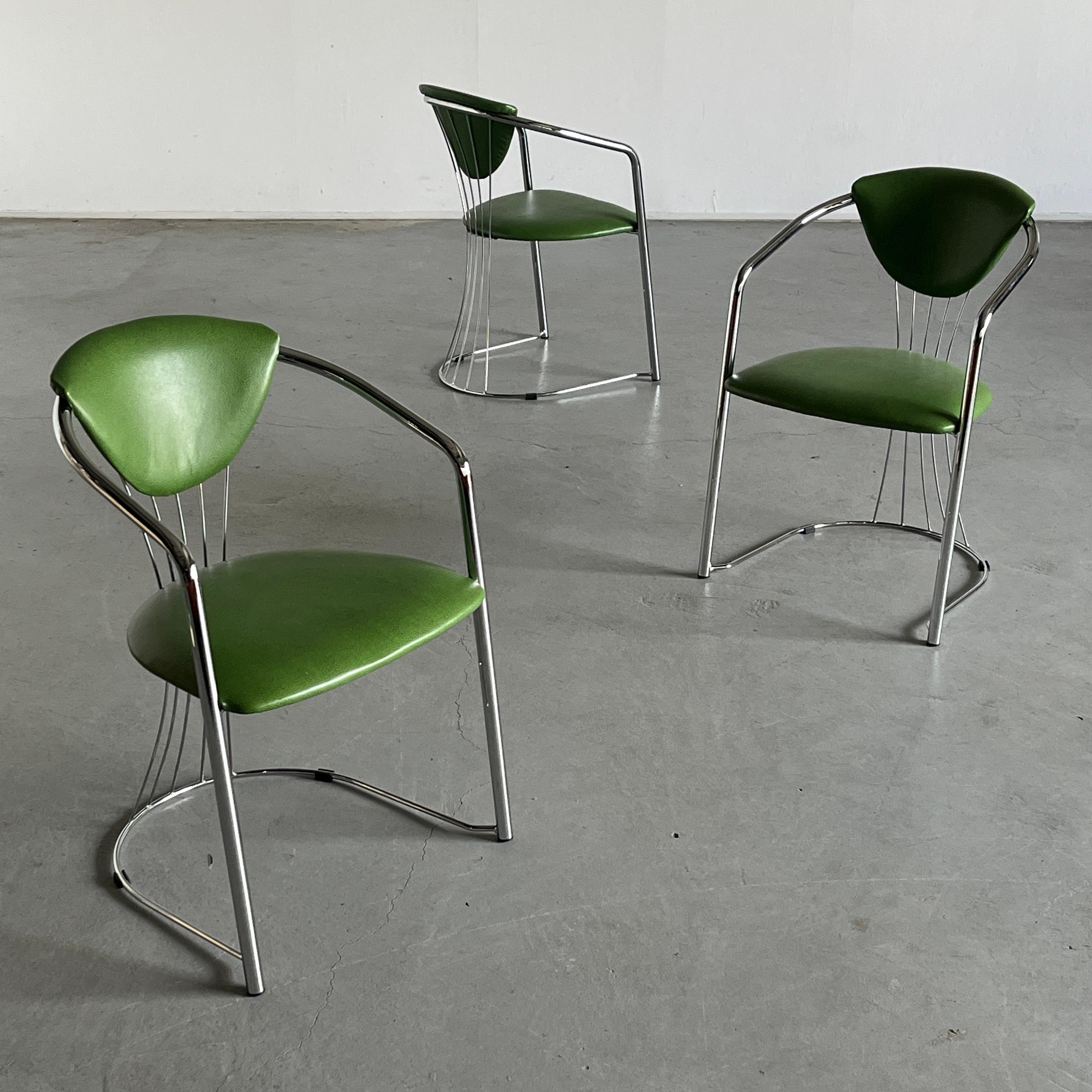 Mid-Century Modern 1 of 3 Vintage Patterned Green Faux Leather Dining Chairs, Italy 1990s