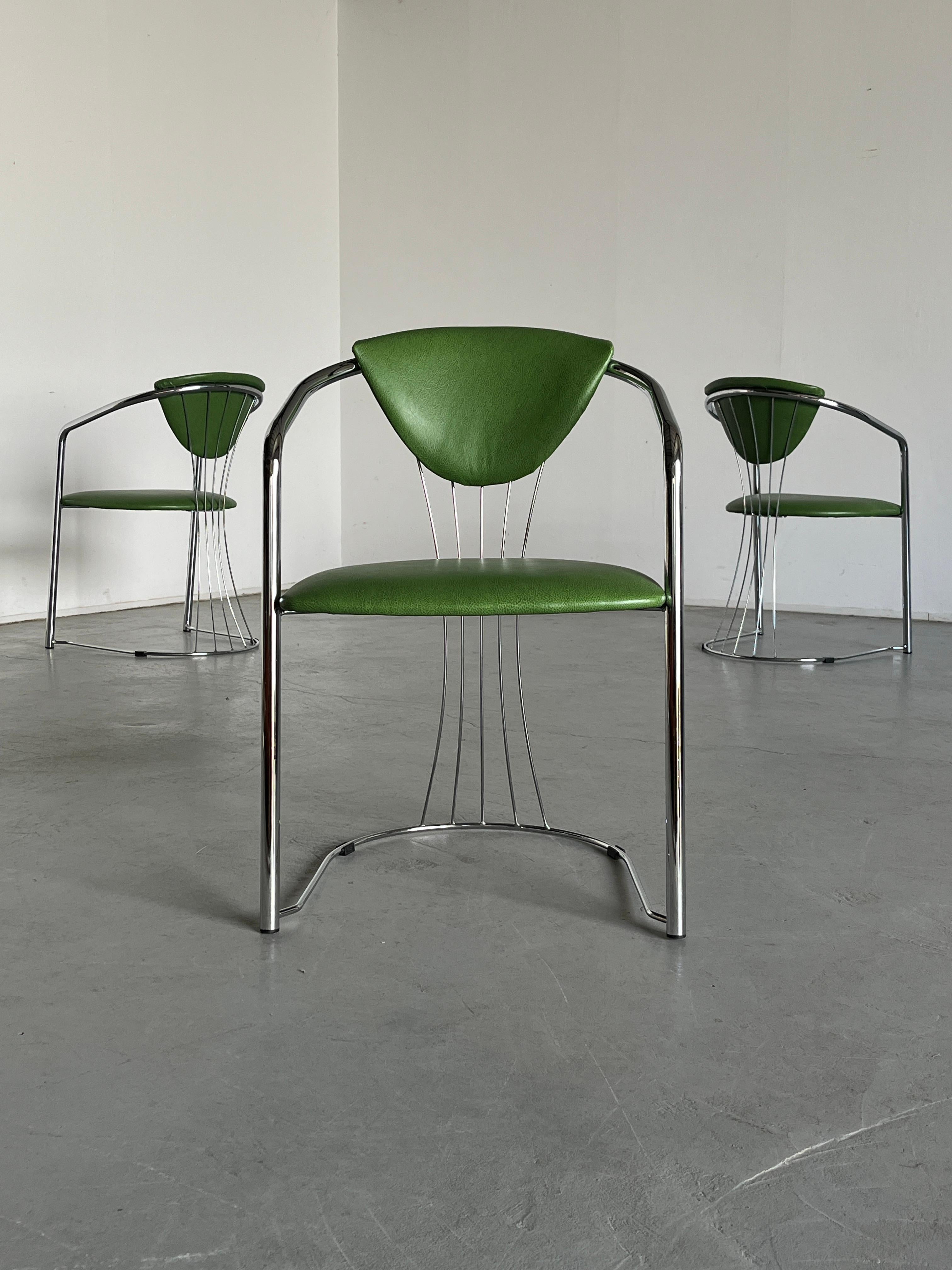 Italian 1 of 3 Vintage Patterned Green Faux Leather Dining Chairs, Italy 1990s