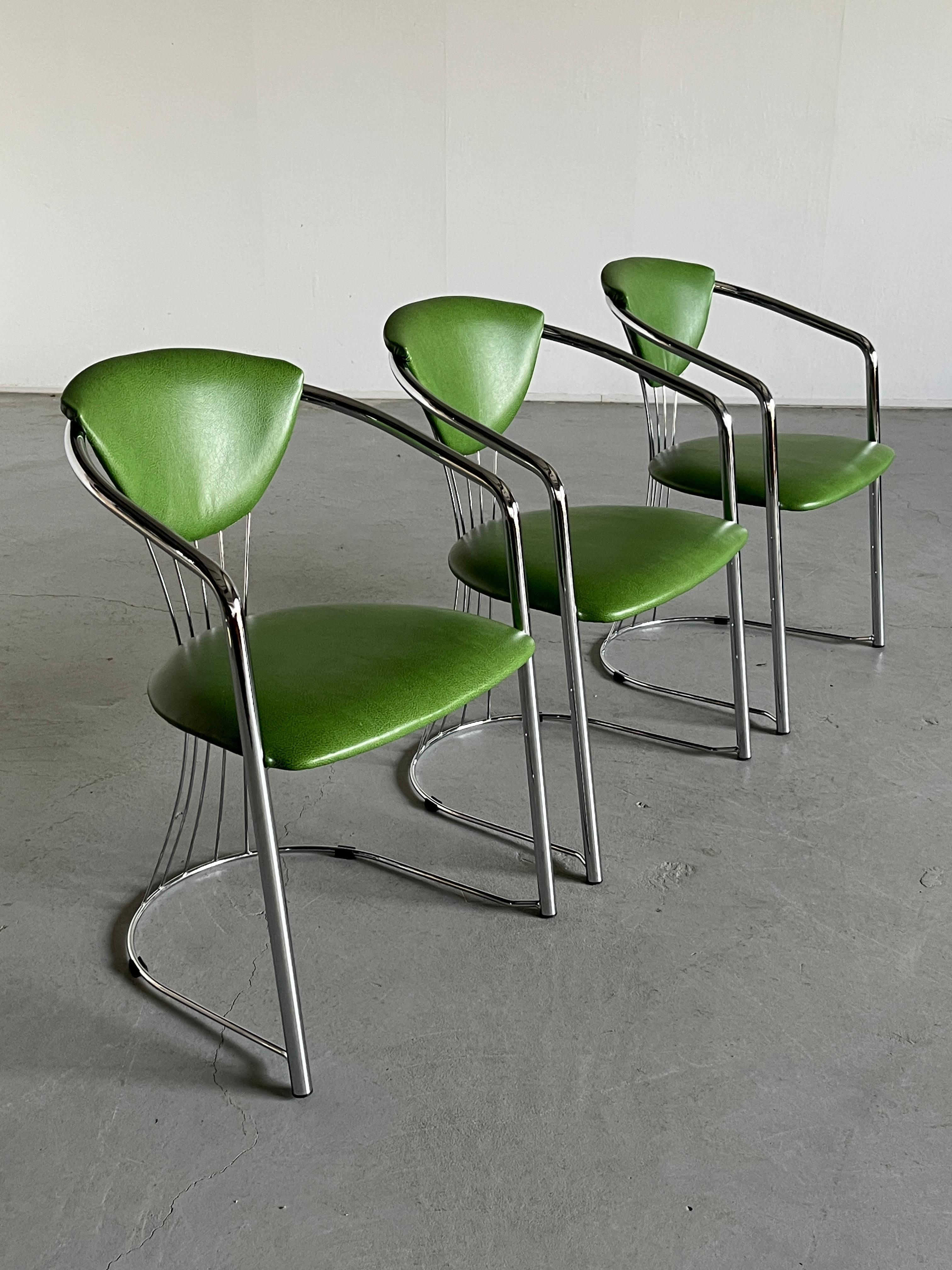 1 of 3 Vintage Patterned Green Faux Leather Dining Chairs, Italy 1990s In Good Condition In Zagreb, HR