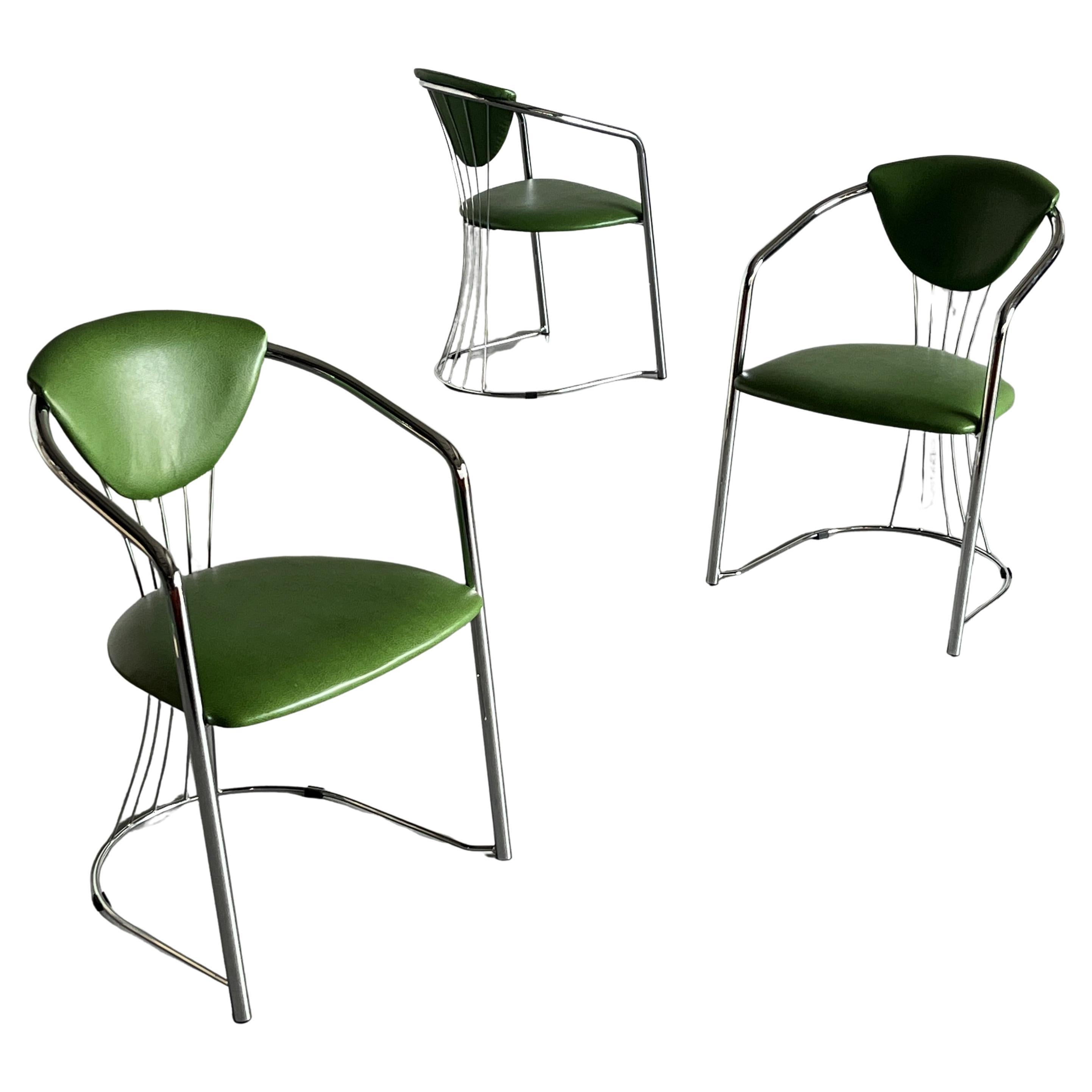 1 of 3 Vintage Patterned Green Faux Leather Dining Chairs, Italy 1990s