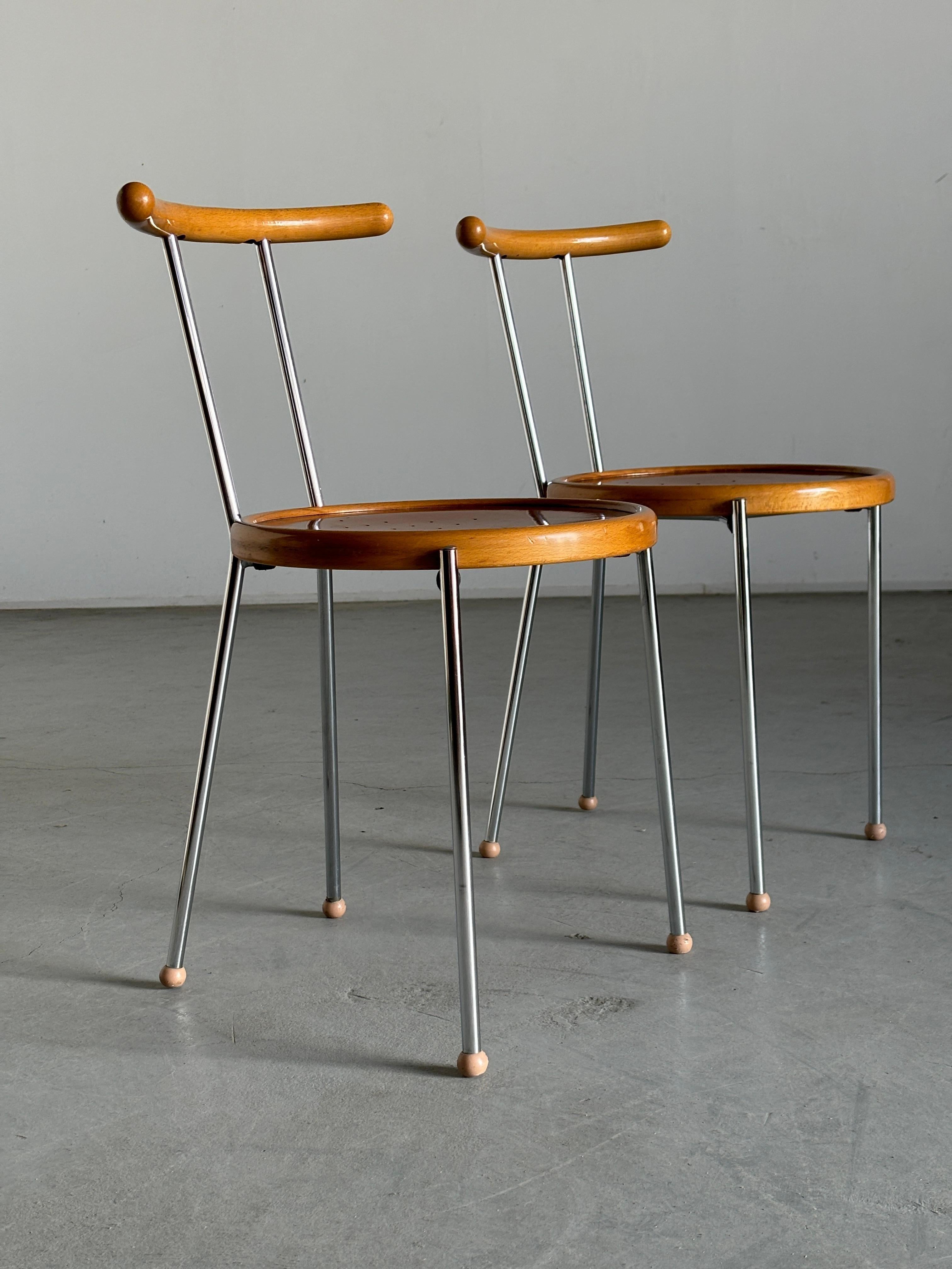 Italian 1 of 3 Vintage Postmodern Dining Chairs in Chromed Steel and Wood, 1970s Italy