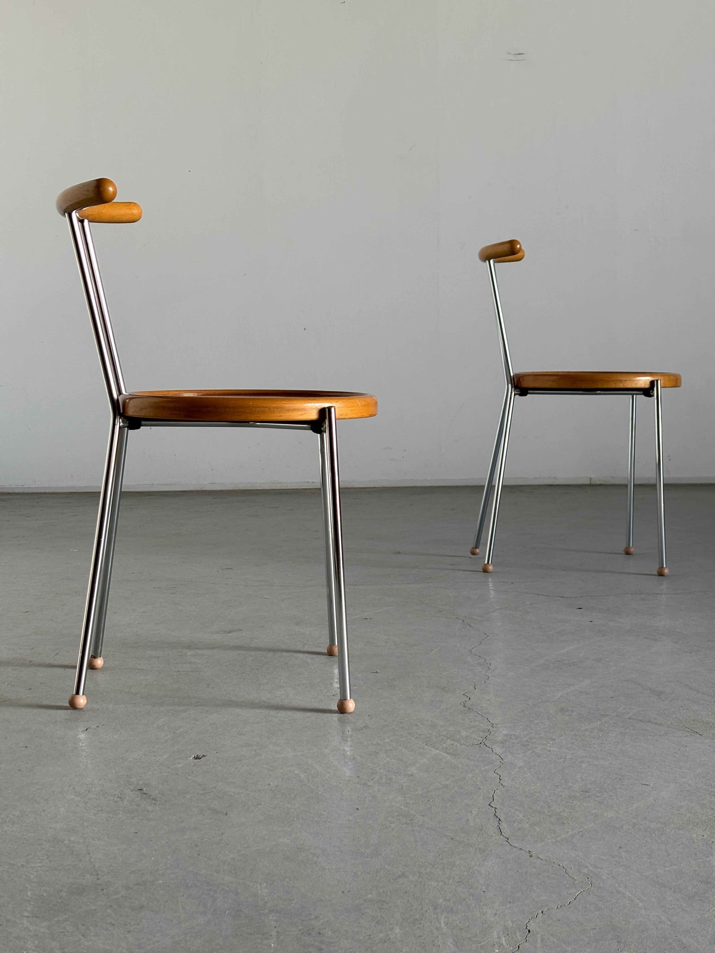 Late 20th Century 1 of 3 Vintage Postmodern Dining Chairs in Chromed Steel and Wood, 1970s Italy