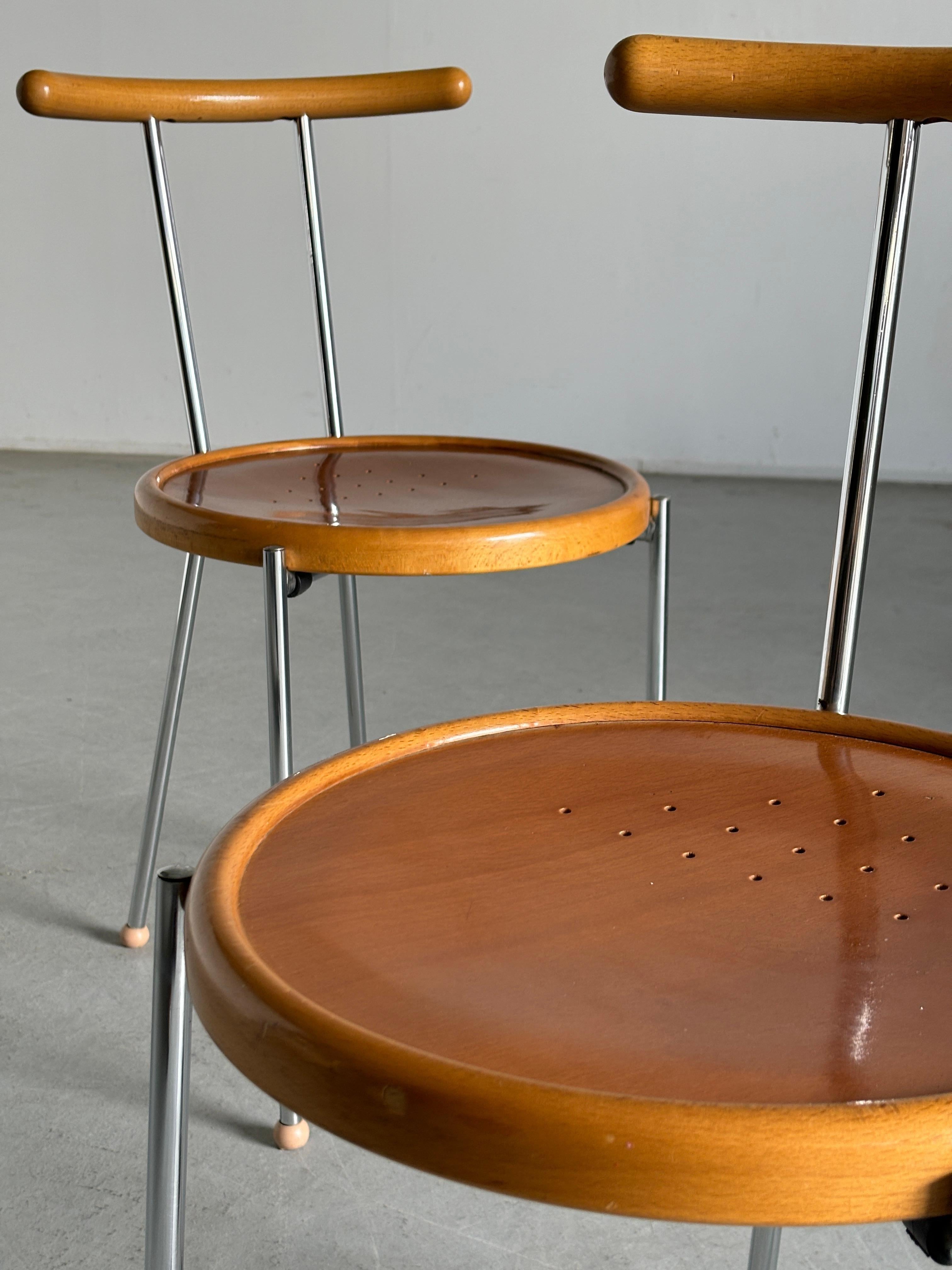 1 of 3 Vintage Postmodern Dining Chairs in Chromed Steel and Wood, 1970s Italy 1