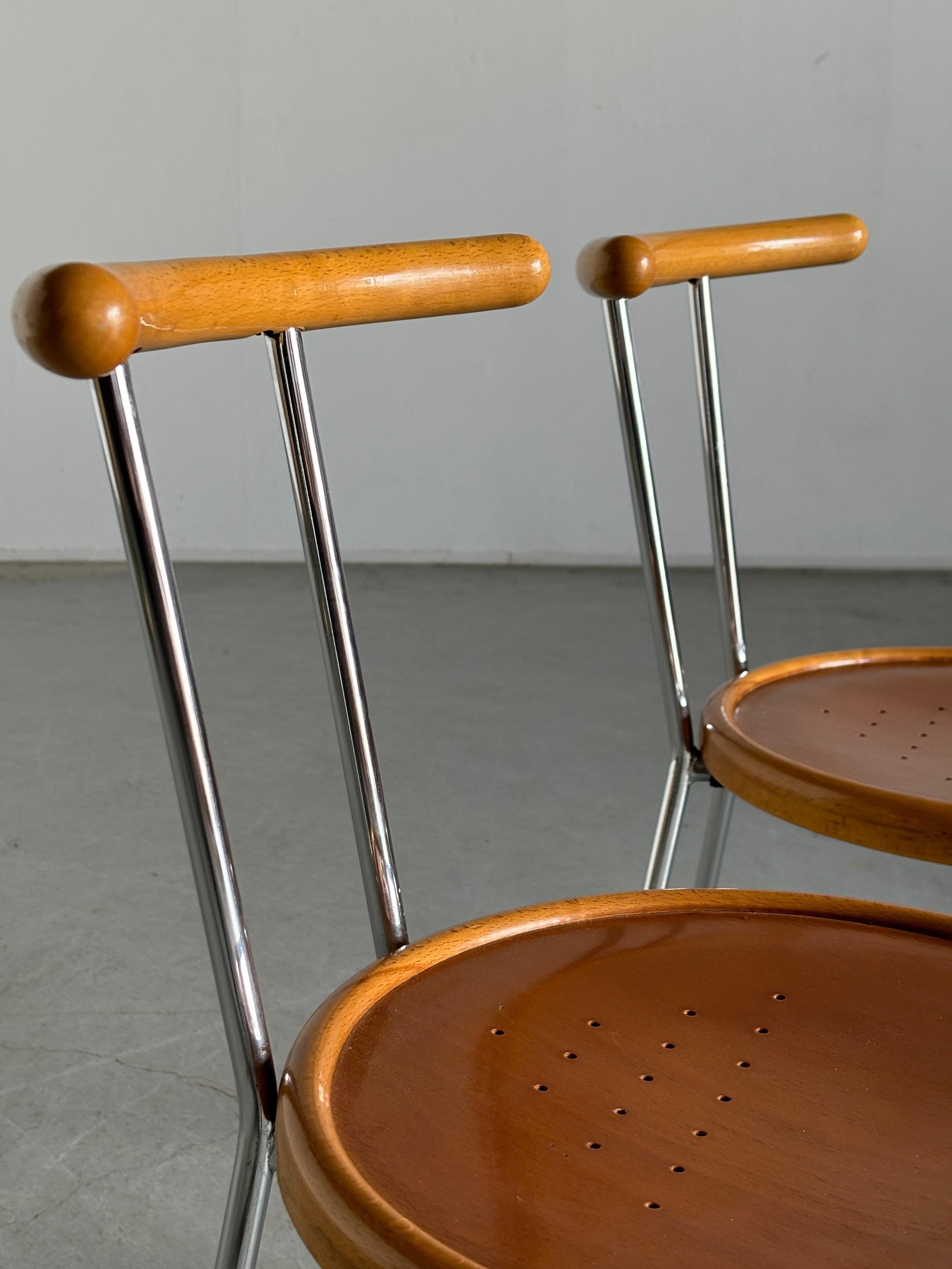 1 of 3 Vintage Postmodern Dining Chairs in Chromed Steel and Wood, 1970s Italy 3