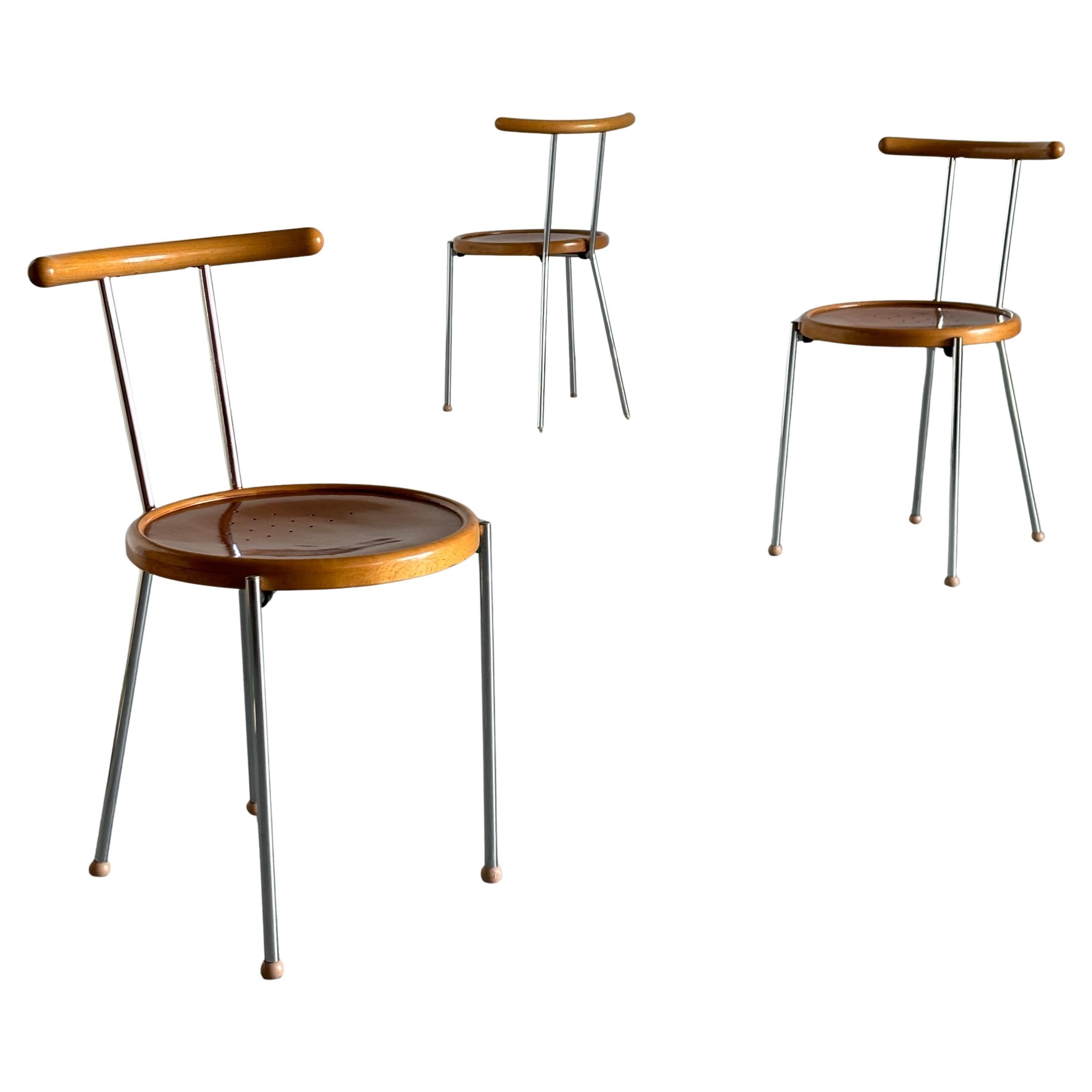 1 of 3 Vintage Postmodern Dining Chairs in Chromed Steel and Wood, 1970s Italy