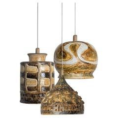 1 of 3 Yellow White Green Brown Ceramic Pendant Lights, Denmark, 1970