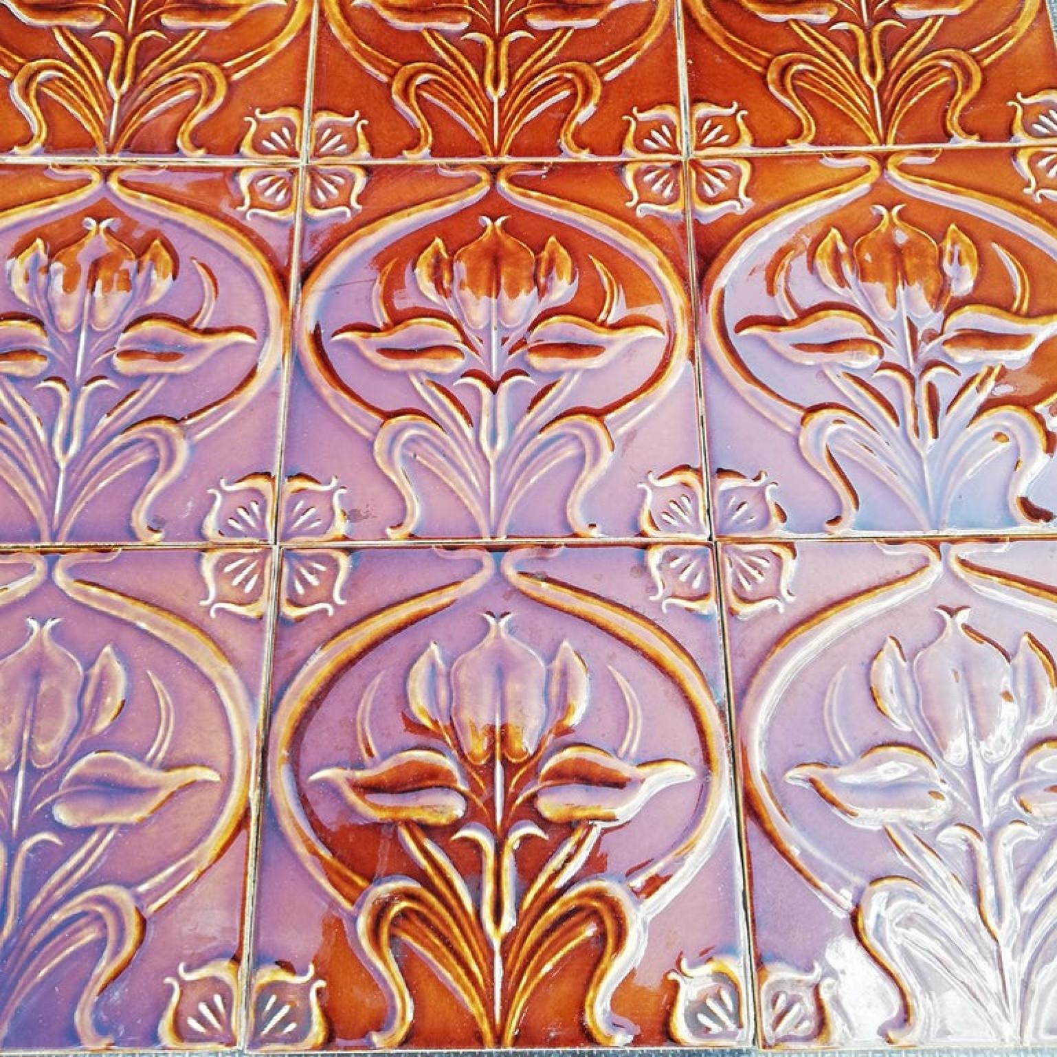 Glazed 1 of 300 Art Nouveau Relief Tiles, Morialmé, circa 1930's For Sale