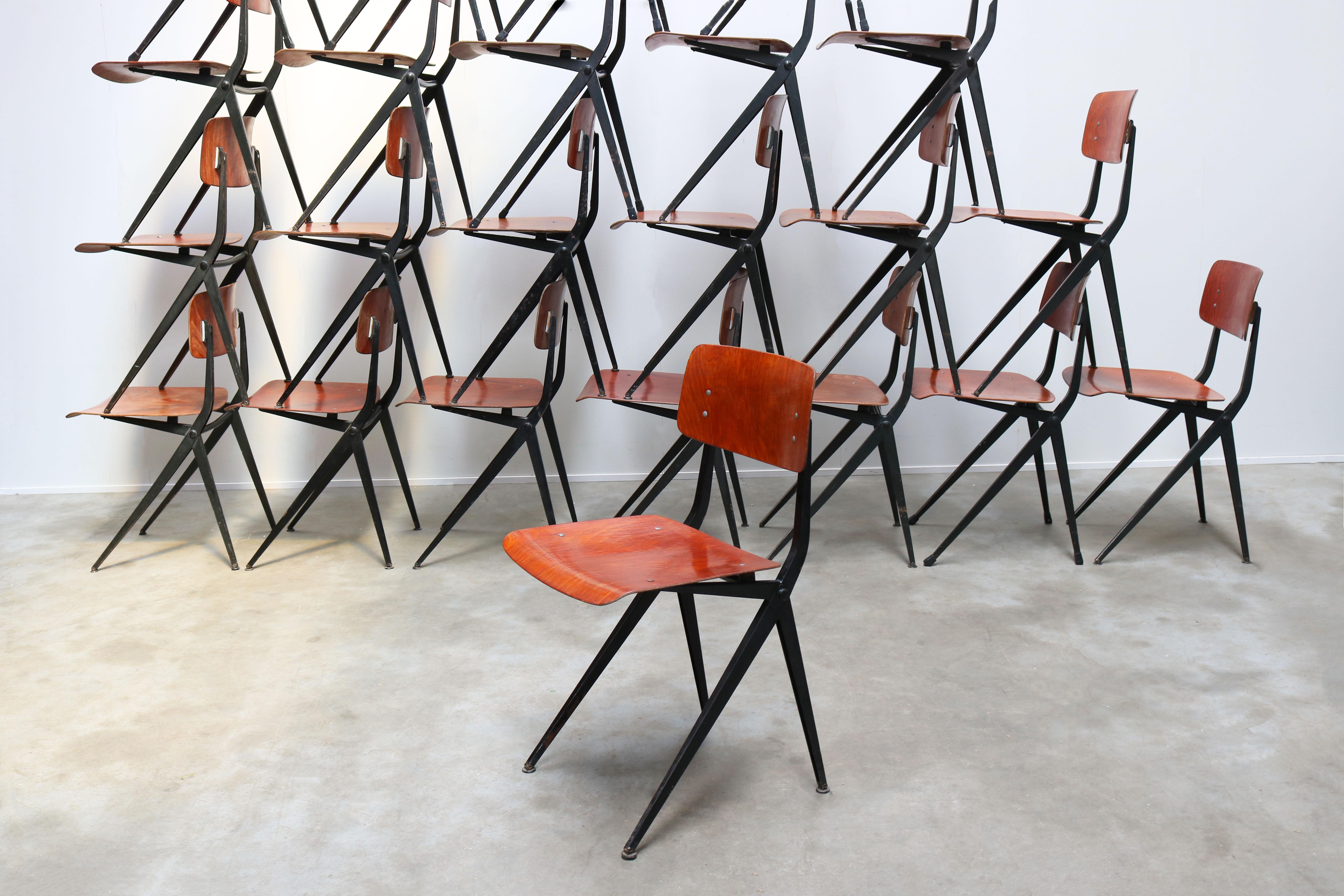 Very large set of 32 Marko Friso Kramer Dutch Design Compass chairs.
The steel frame has the elegant compass shape with a strong connection to the revolutionary Industrial style of designs by Jean Prouvé and Gerrit Rietveld & Friso Kramer. 
This
