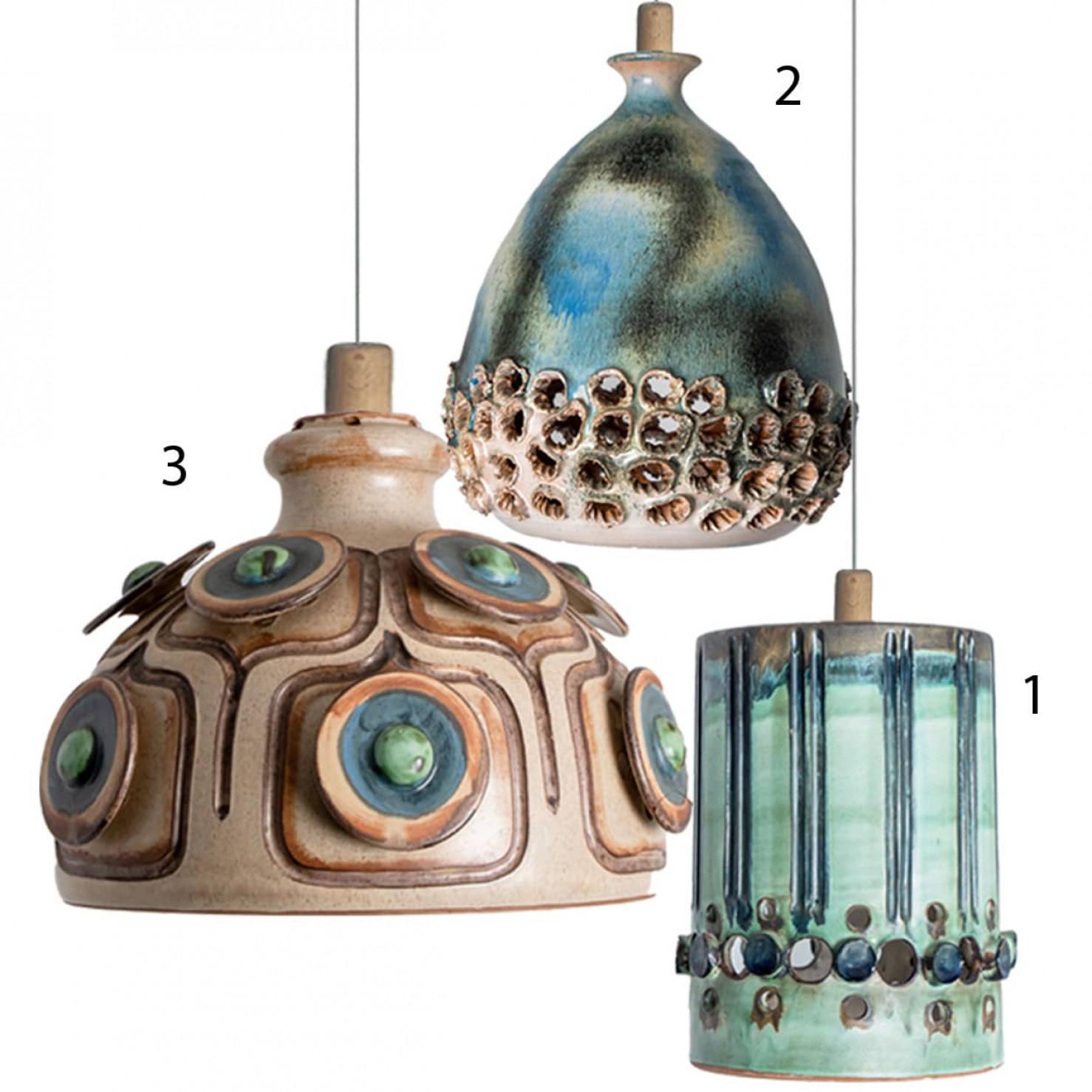 1 di 4 luci a sospensione in ceramica verde marrone, Danimarca, 1970 in vendita 8