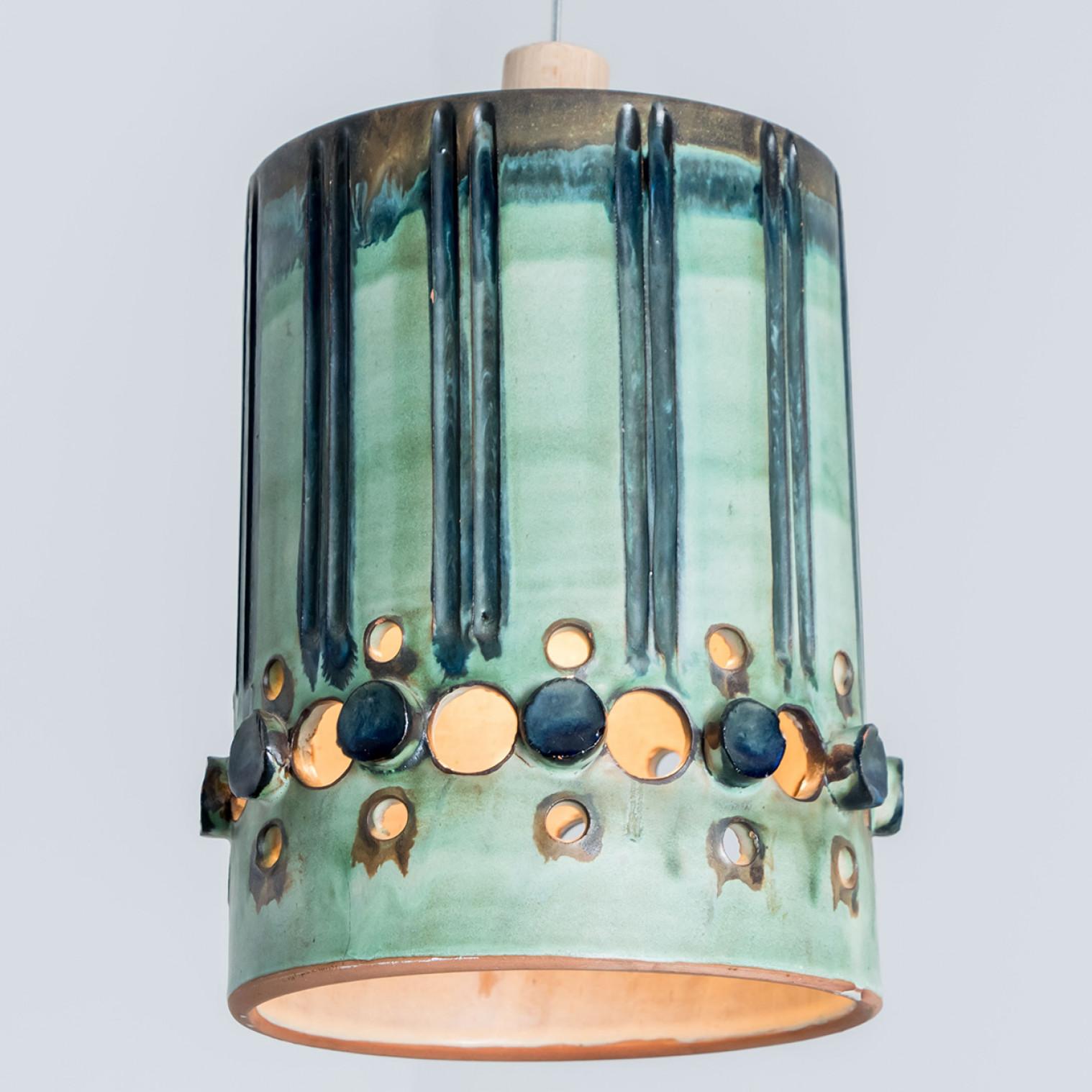 Late 20th Century 1 of 4 Brown Green Ceramic Pendant Lights, Denmark, 1970 For Sale