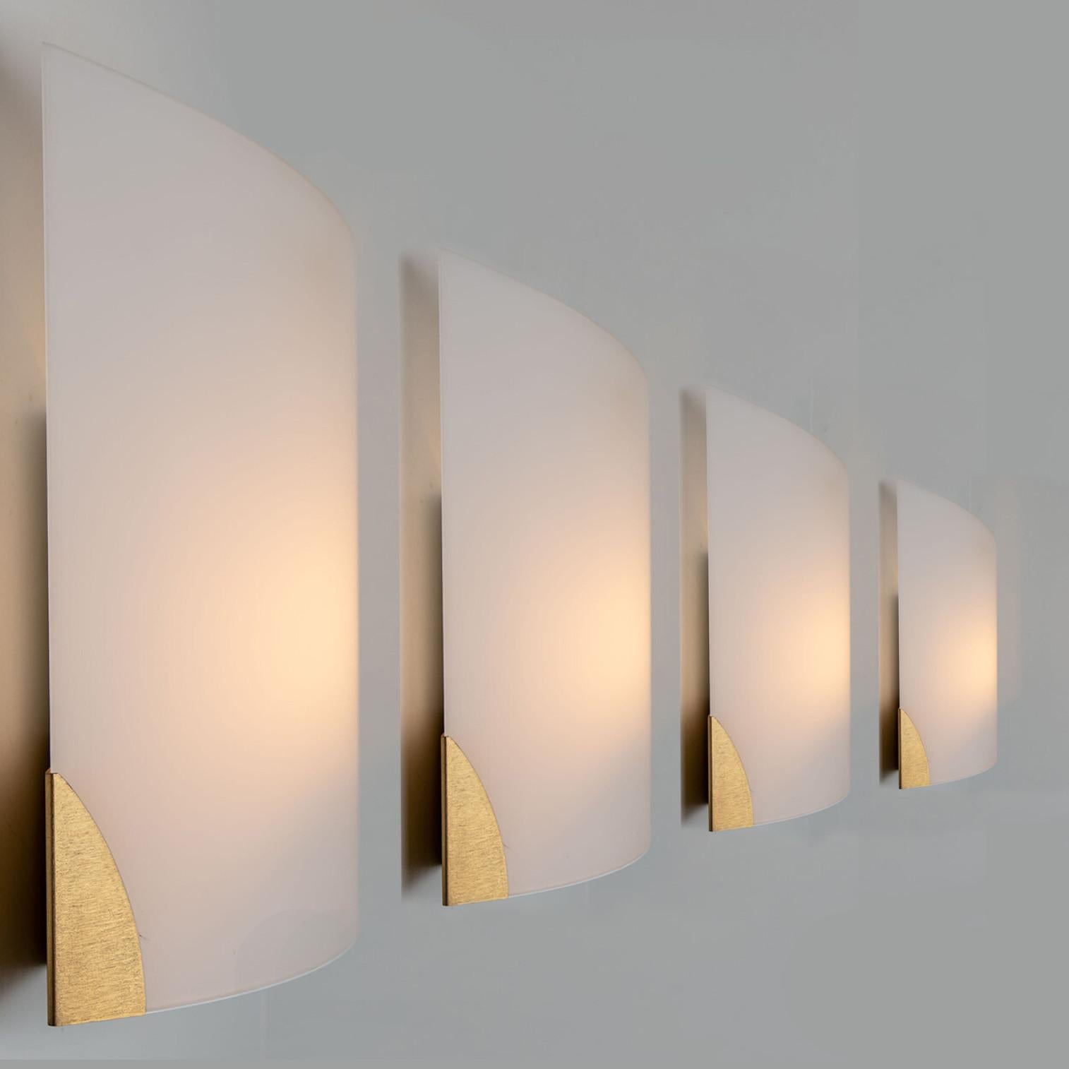 Brass 1 of 4 Cylinder Shaped White Opaque Glass Wall Lights by Glashütte Limburg For Sale