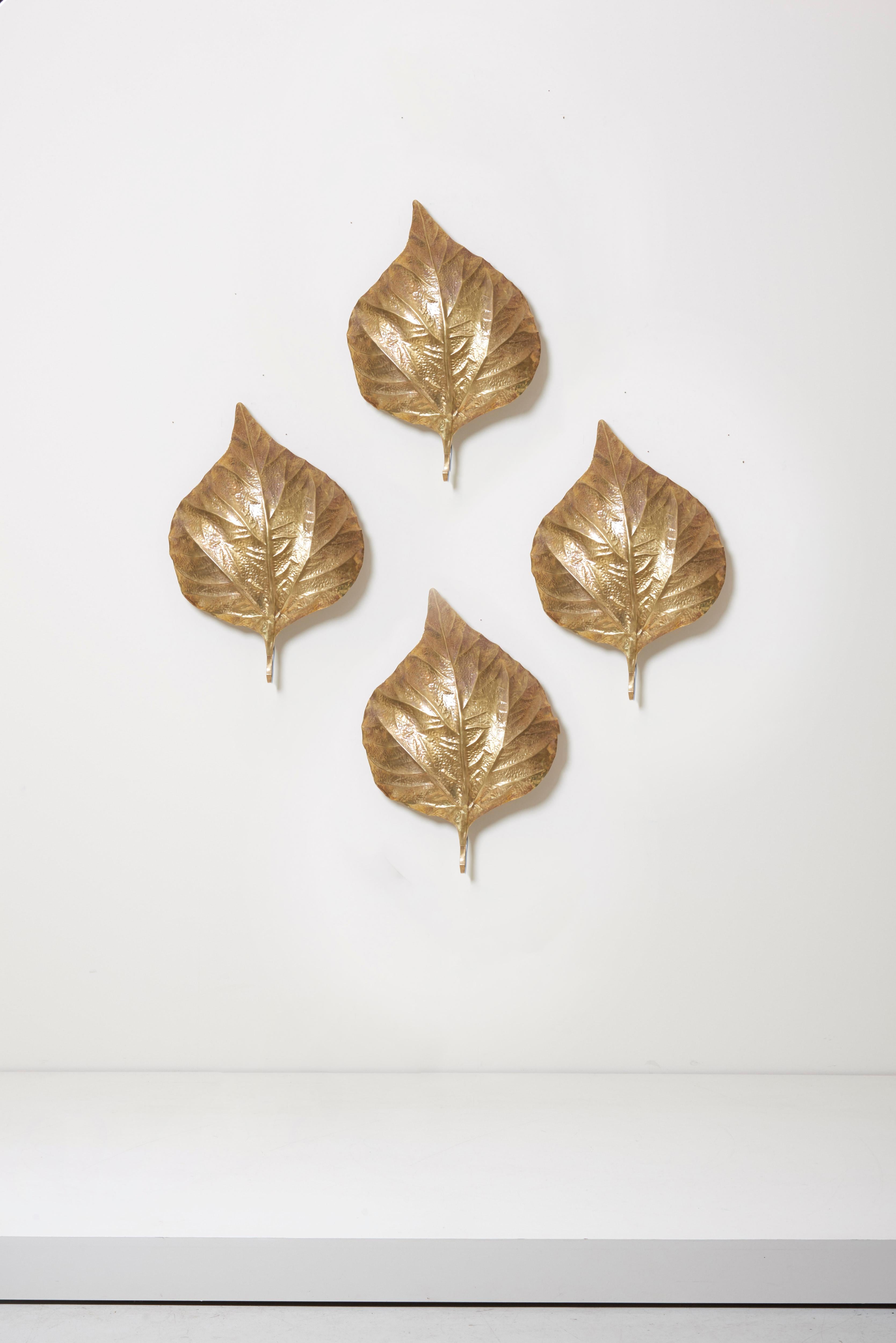 Four wonderful huge rhaburb leaf wall lamps by the italian designer Tommaso Barbi.
The lamps are made of brass and the reflexion of the light on the brass brings a cozy atmosphere in every room.
The lamps are icons of the 1970s design and they are