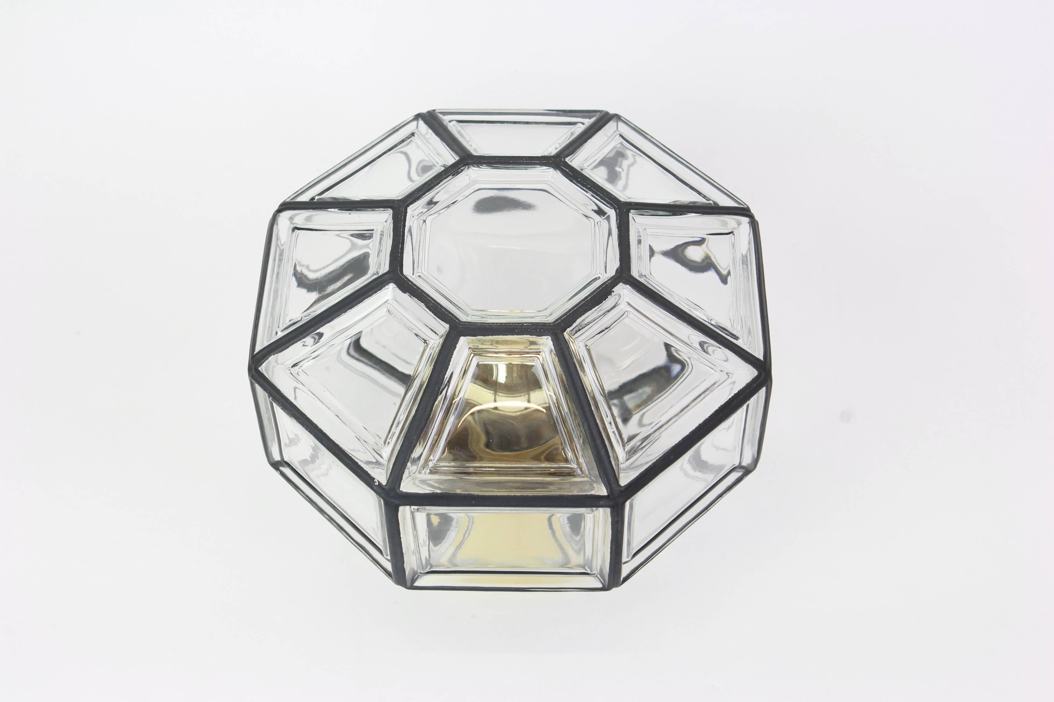 Brass 1 of 4 Iron and Clear Glass Flushmount by Limburg, Germany, 1960s