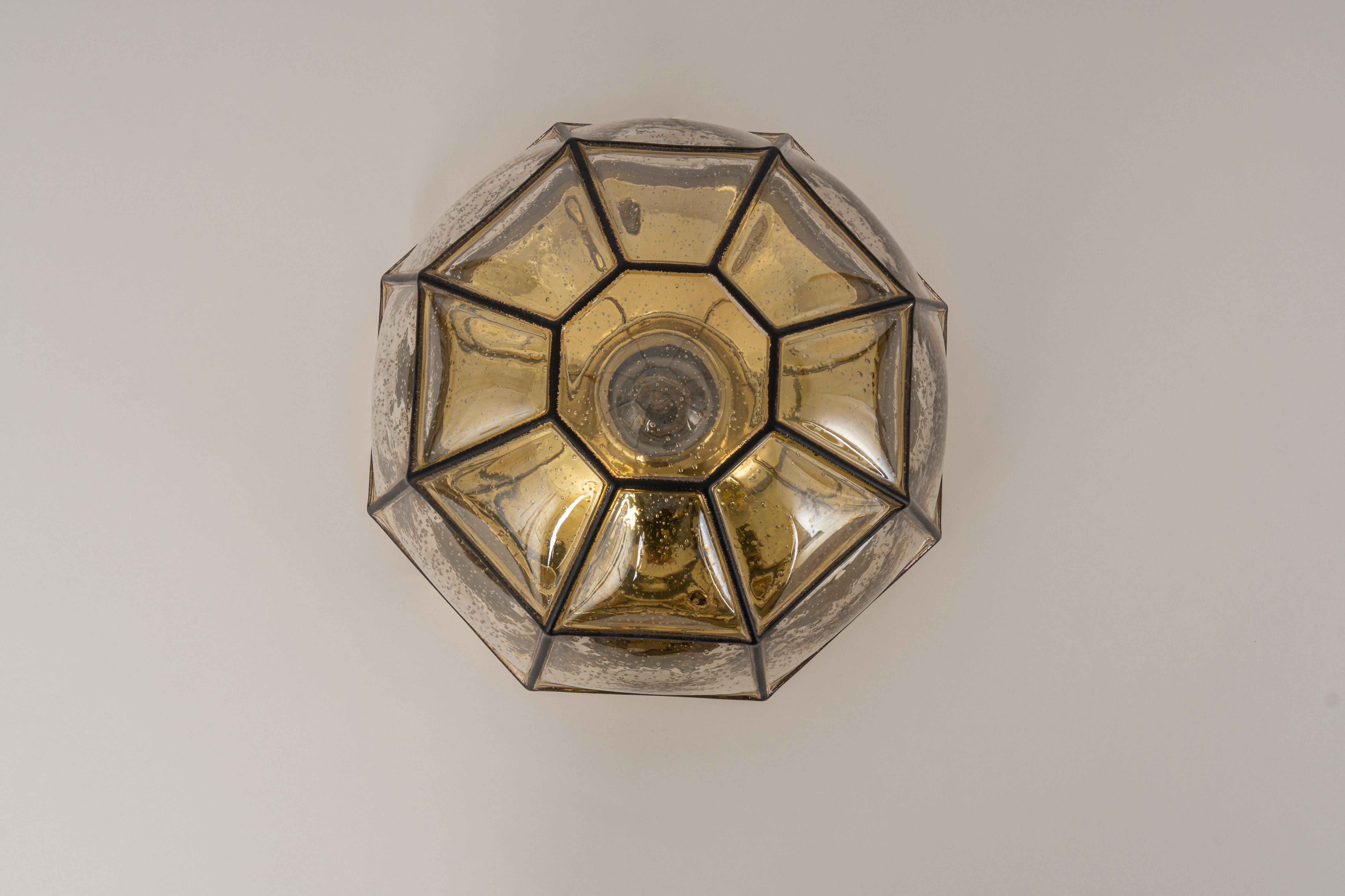 Brass 1 of 4 Iron and Clear Glass Flushmount by Limburg, Germany, 1960s For Sale