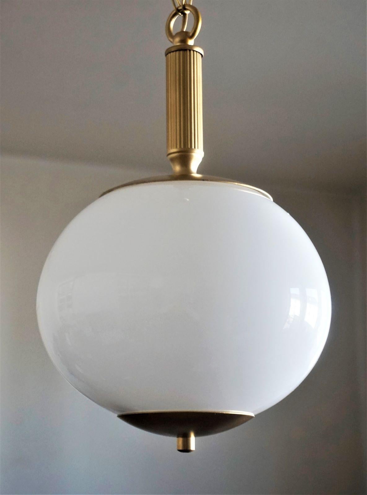 1 of 4 Italian Art Deco Opaline Glass and Brass Pendant, 1950s 3