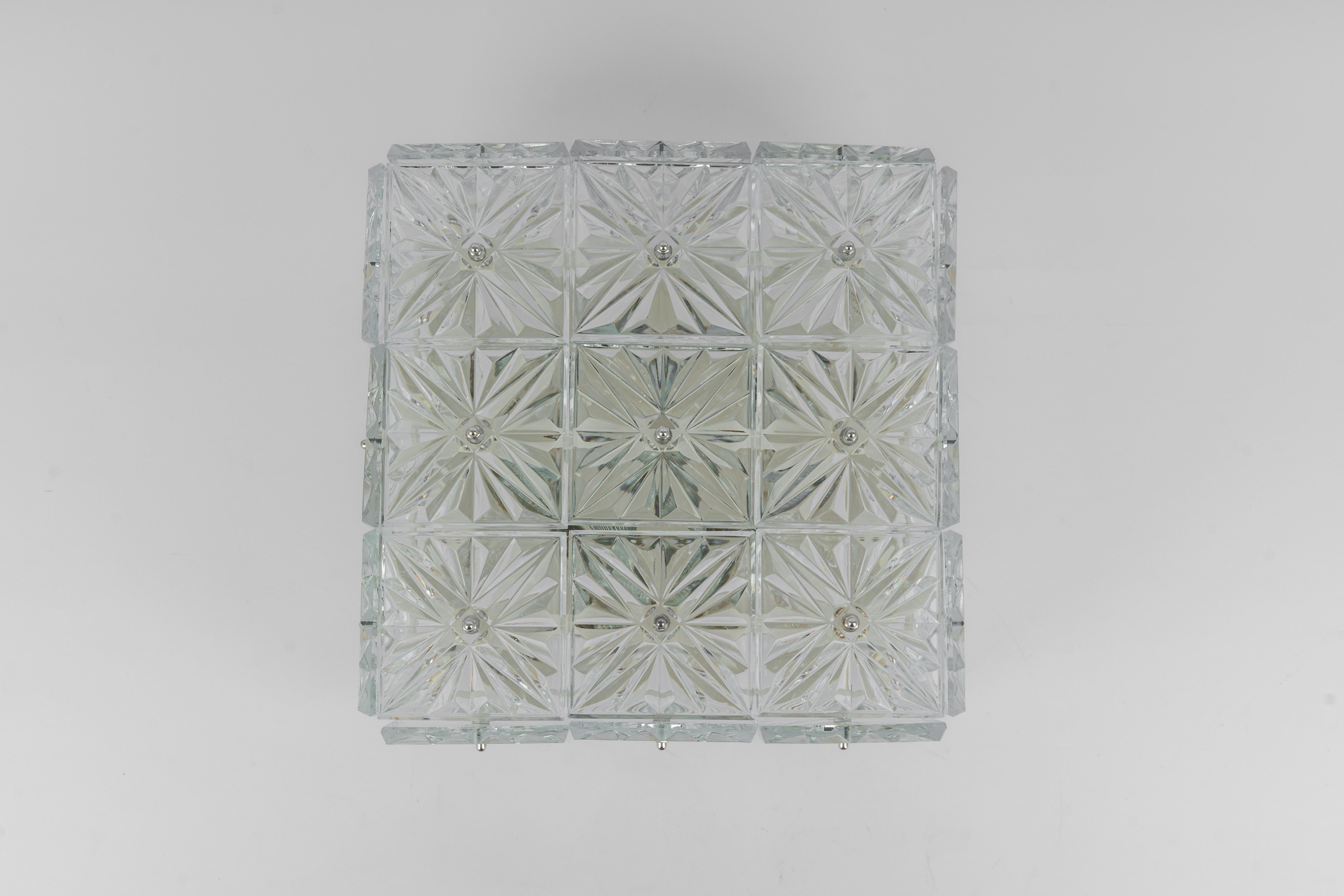 Mid-Century Modern 1 of 4 Large Flushmount Faceted Crystal Light Fixture, Germany, 1960s For Sale