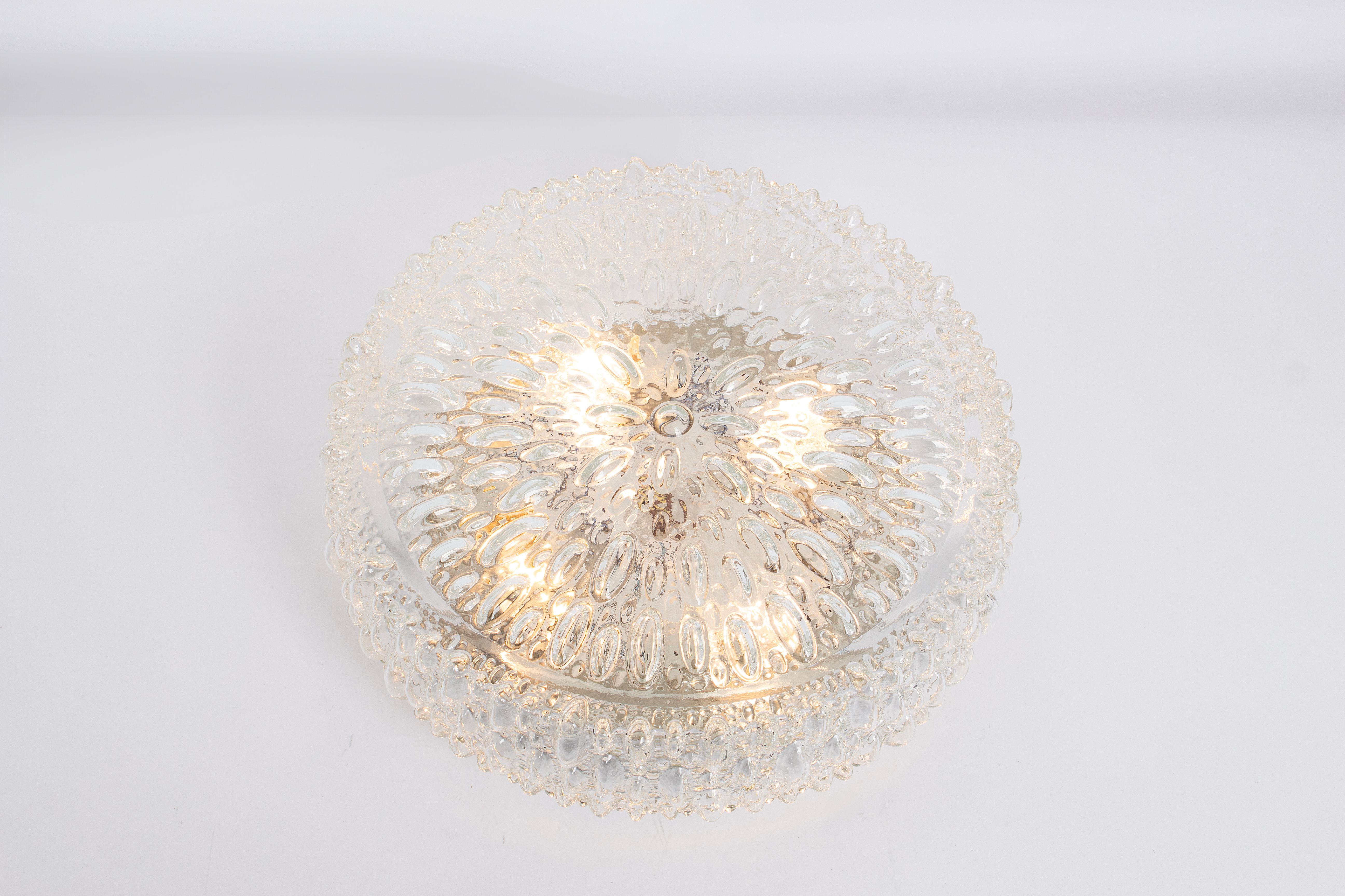 Metal 1 of 4 Large Round Textured Glass Flushmount by Limburg, Germany, 1970s For Sale