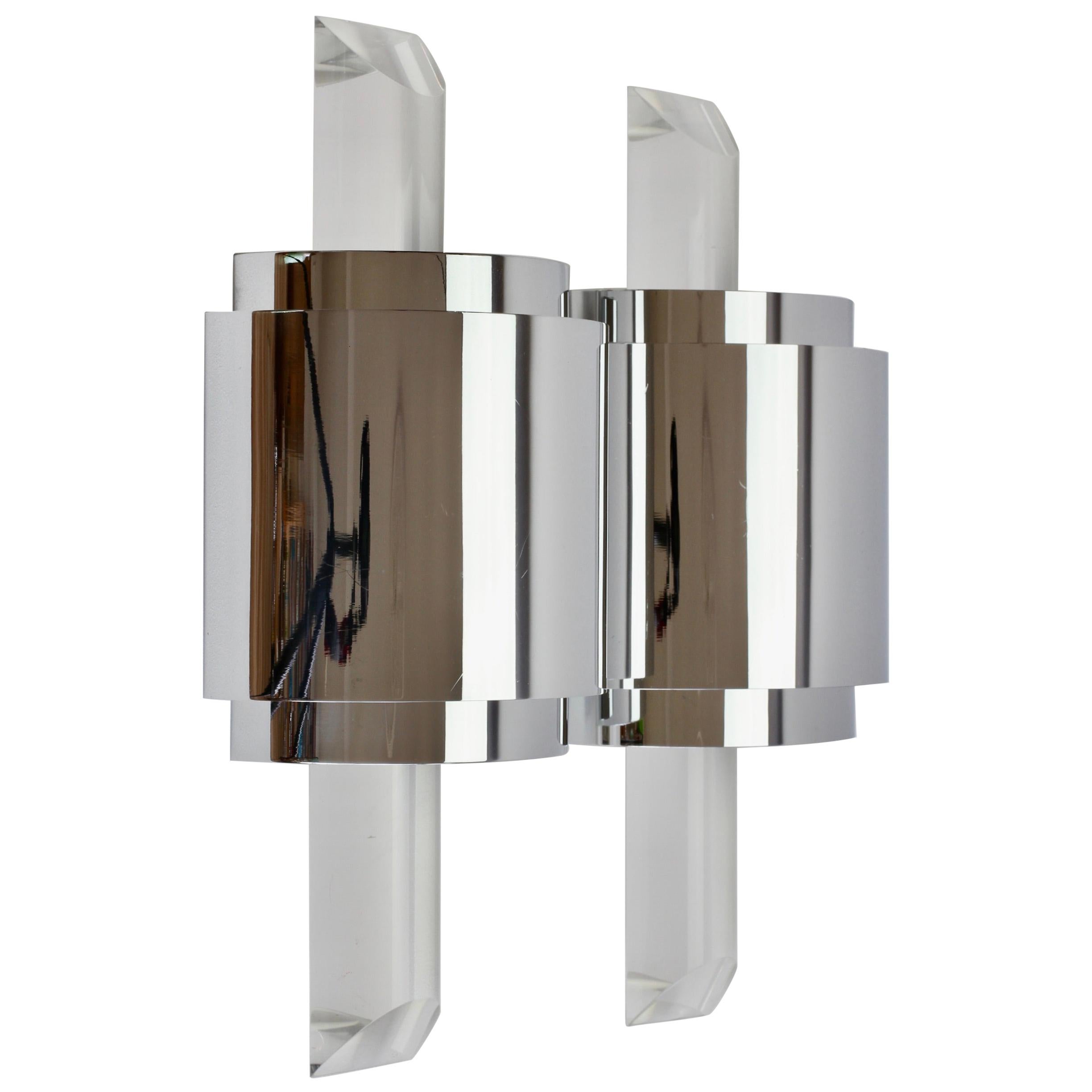 Italian 1 of 4 Large Vintage Hollywood Regency Lucite and Chrome Wall Lights or Sconces For Sale