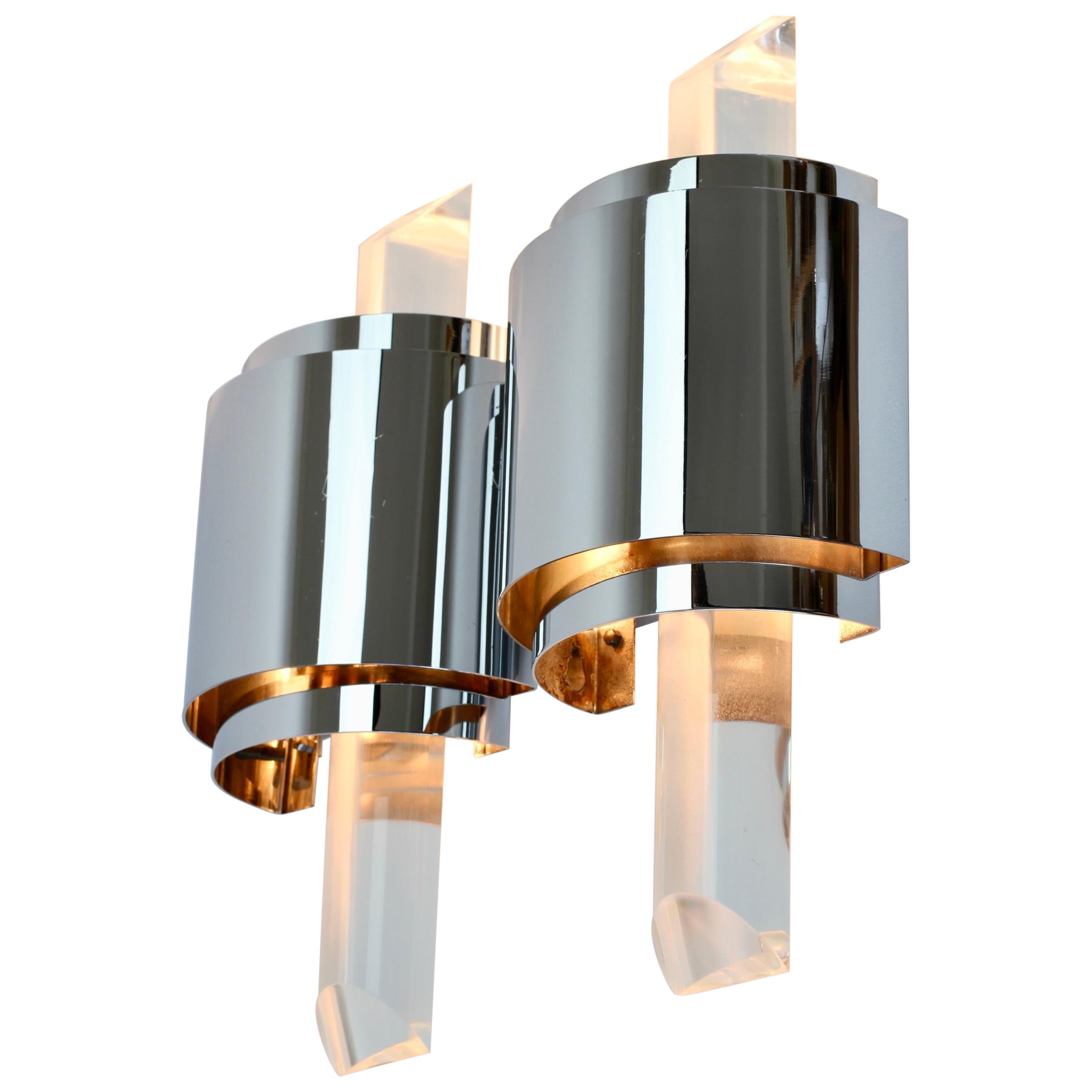 1 of 4 Large Vintage Hollywood Regency Lucite and Chrome Wall Lights or Sconces