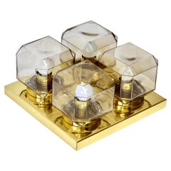 1 of 4 Limburg Vintage Geometric Champagne Toned Glass & Brass Flush Mounts 1970