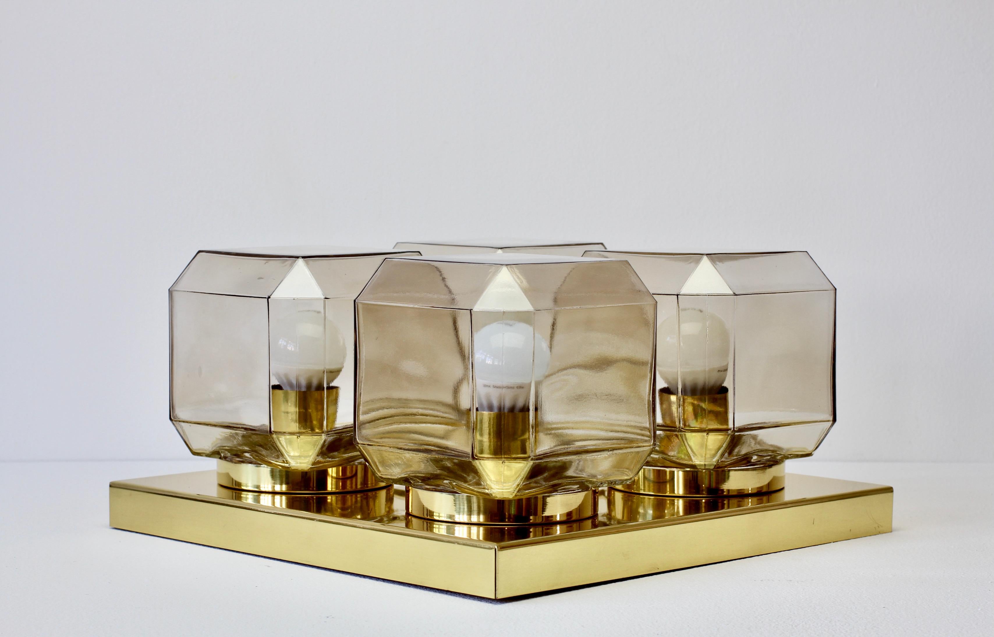 20th Century 1 of 4 Limburg Vintage Geometric Champagne Toned Glass & Brass Flush Mounts 1970 For Sale