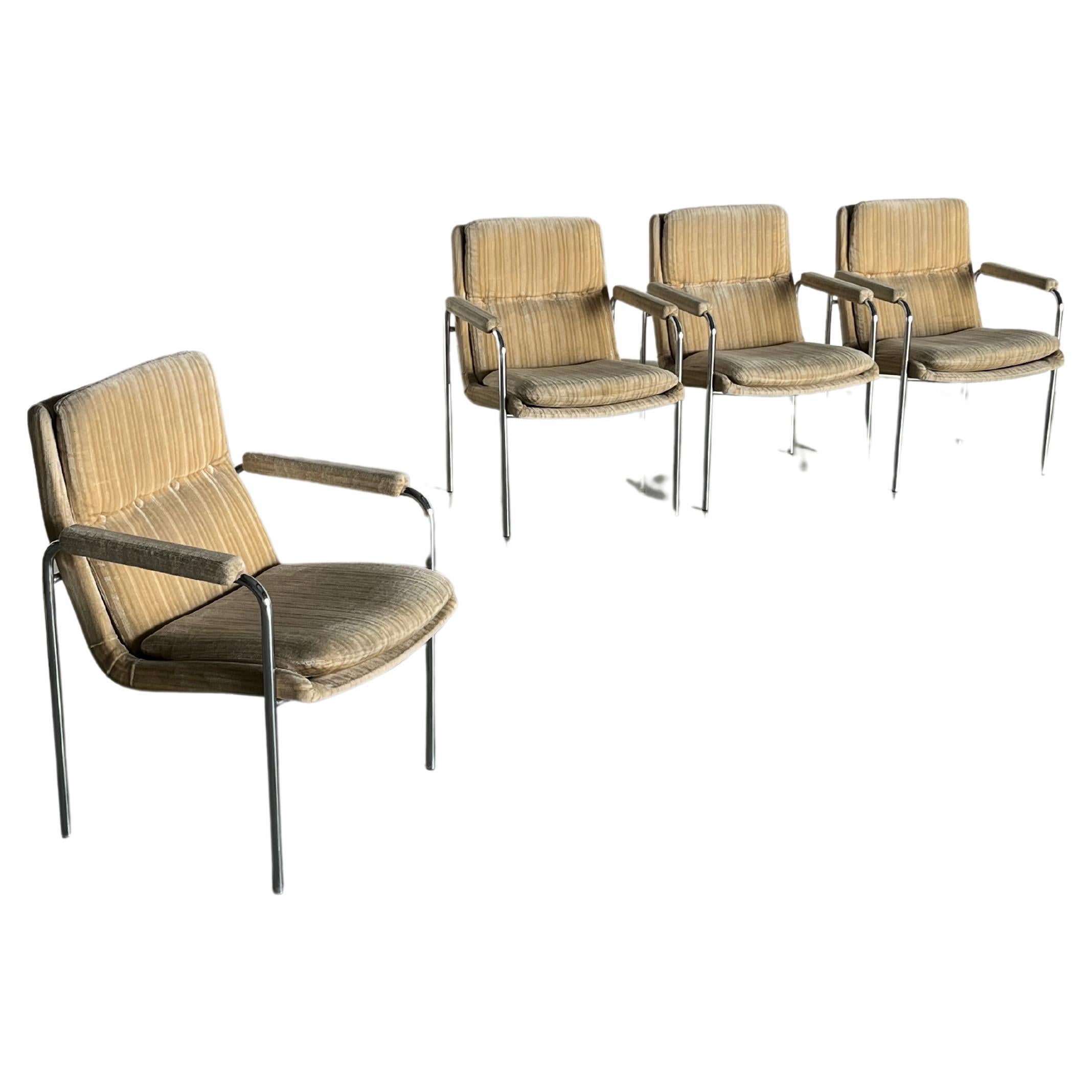 1 of 4 Mid-Century Chrome Tubular Steel and Striped Upholstery Armchairs, 1970s