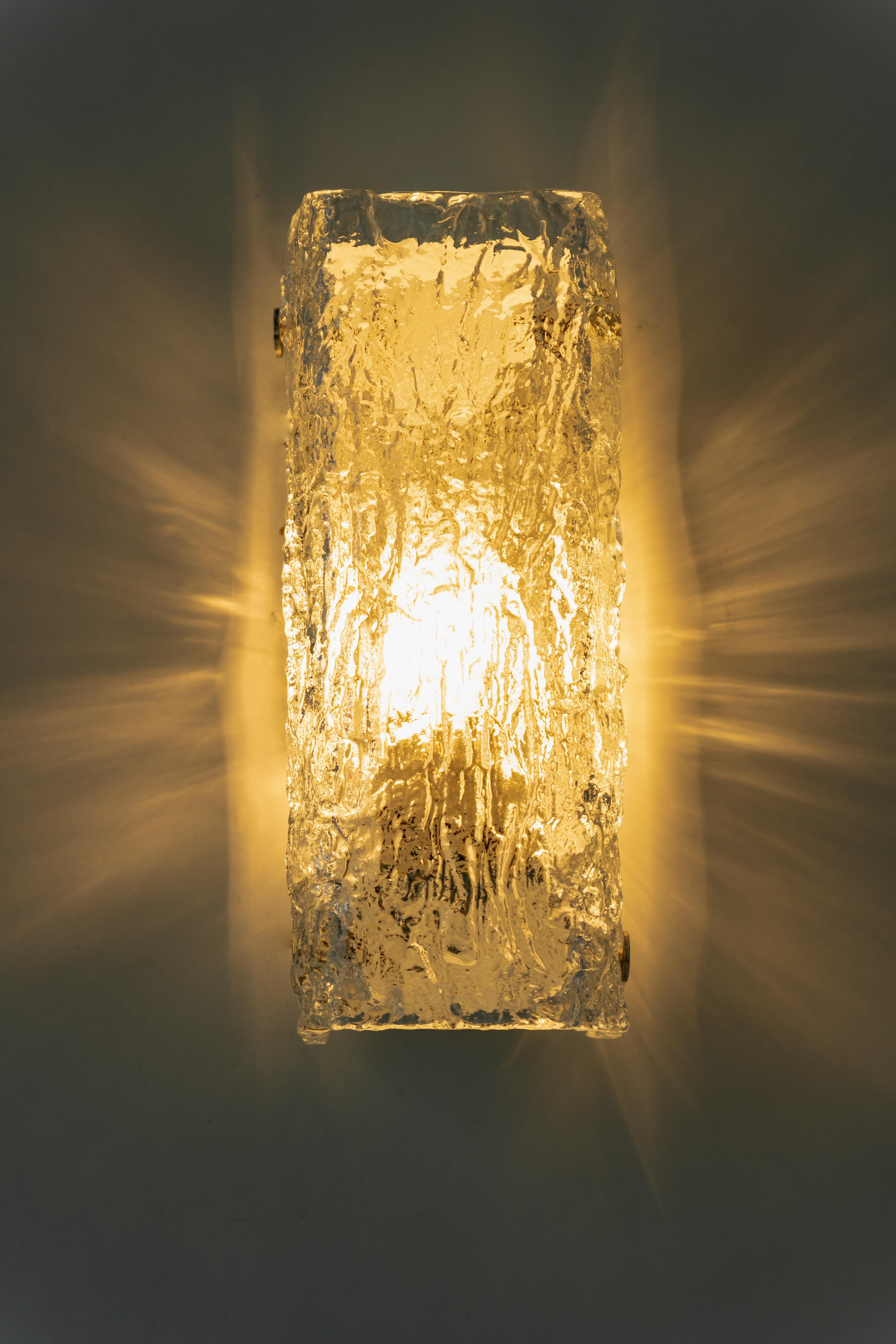 1 of 4 Pairs of Murano Ice Glass Vanity Sconces by Kaiser, Germany, 1970s 8